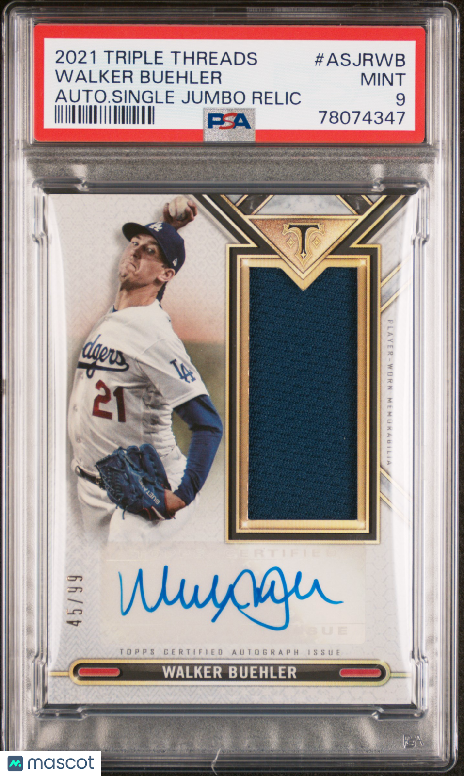 2021 Topps Triple Threads Auto Jumbo Relic Walker Buehler #ASJRWB Auto/99 PSA 9