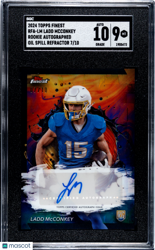 2024 Topps Finest Ladd Mcconkey #RFA-LM Rookie Oil Spill Refractor SGC 9 Auto 10