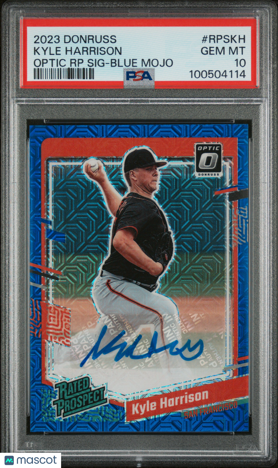 2023 Panini Donruss Optic Rated Prospect Auto Kyle Harrison Blue Mojo PSA 10