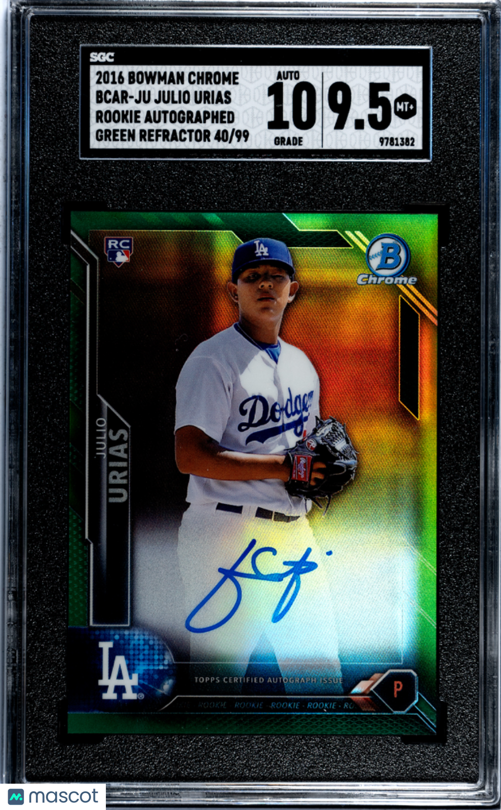 2016 Bowman Chrome Julio Urias #BCAR-JU Rookie Green Refractor SGC 9.5 Auto 10