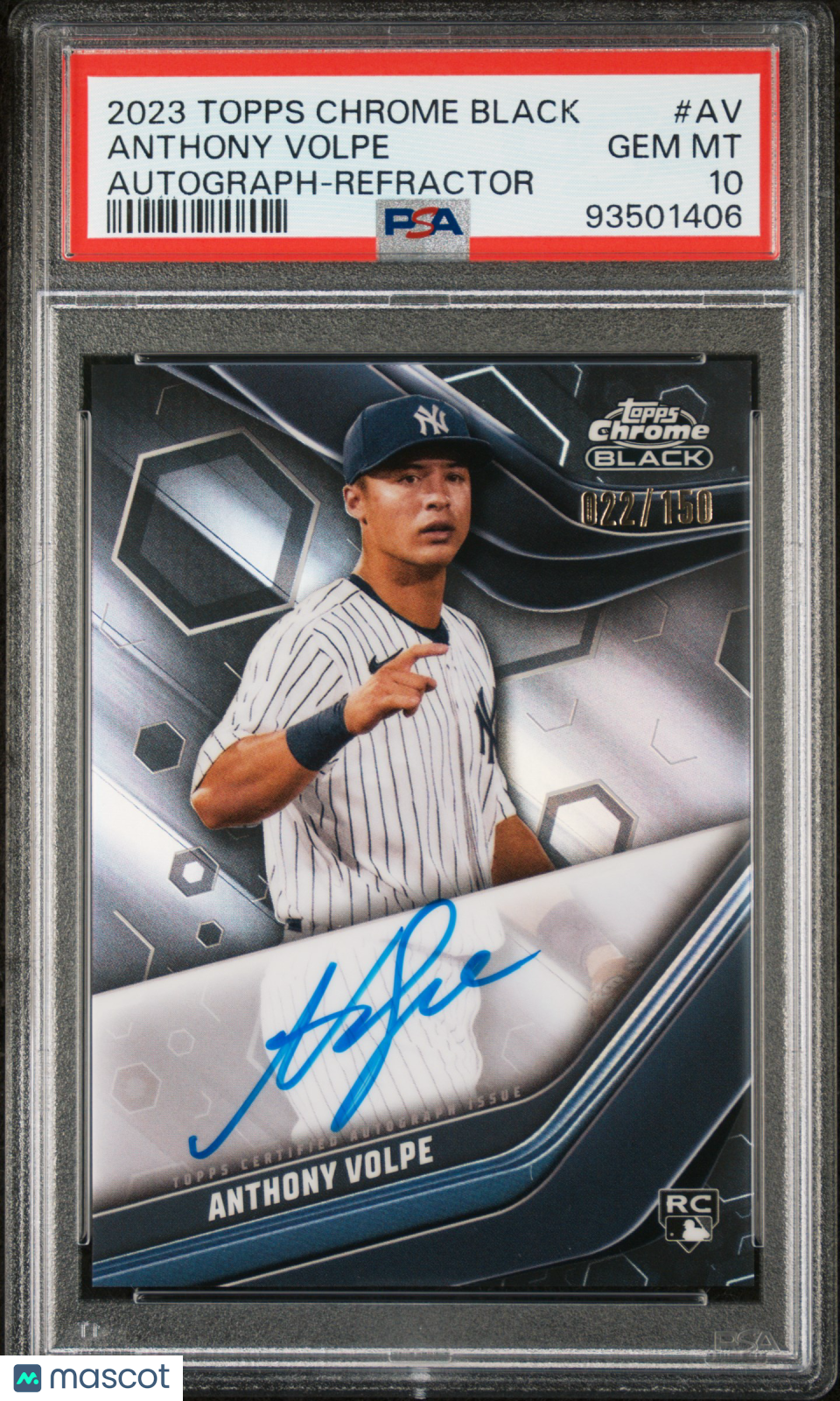 2023 Topps Chrome Black Autographs Anthony Volpe #AV Refractor 022/150 PSA 10