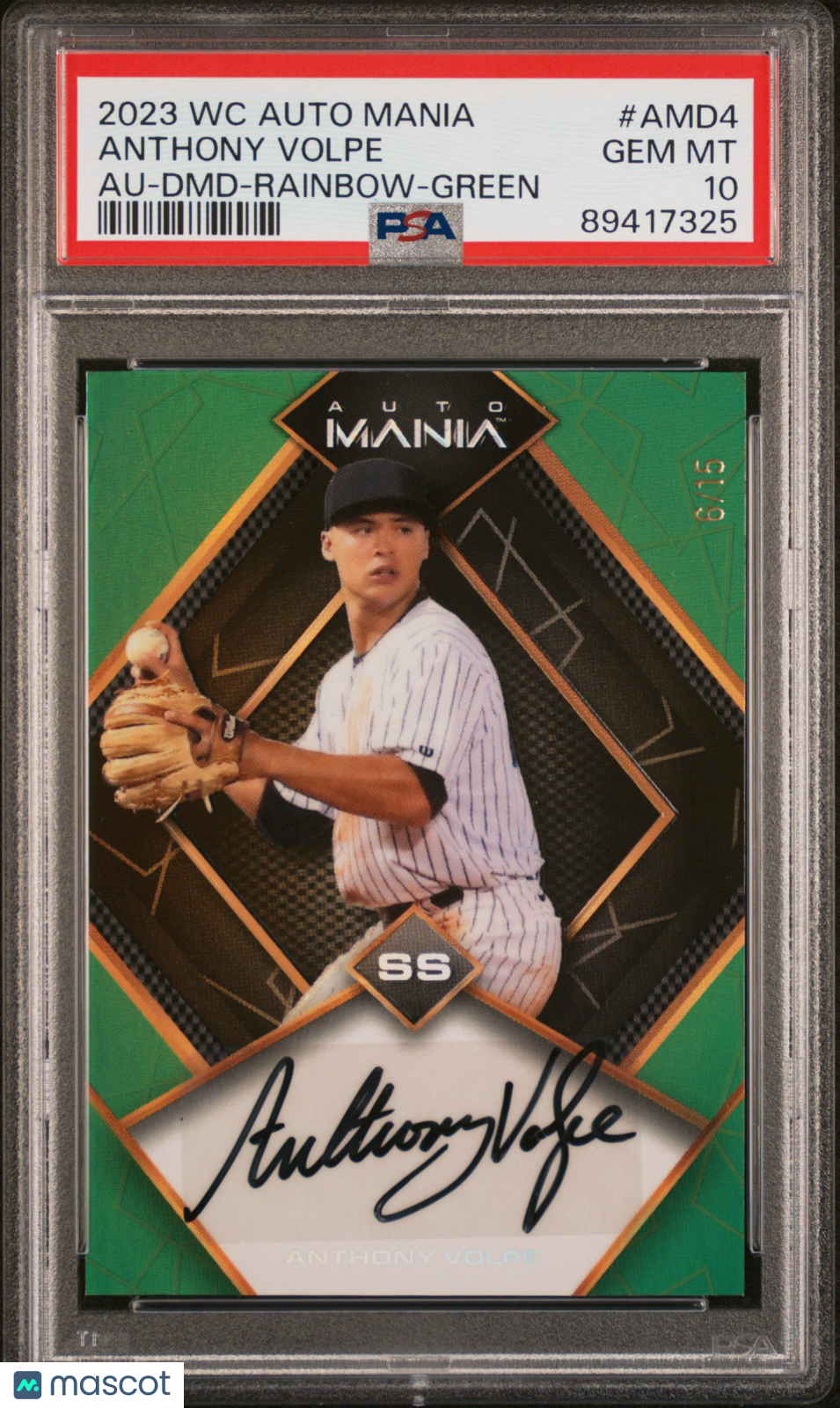 2023 Wild Card Auto Mania Auto Anthony Volpe #AMD4 DMD Rainbow Green 6/15 PSA 10