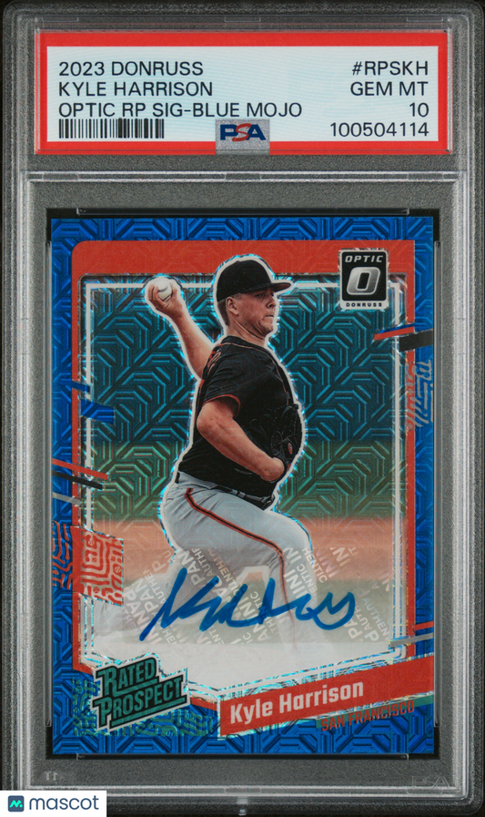 2023 Panini Donruss Optic Rated Prospect Auto Kyle Harrison Blue Mojo PSA 10