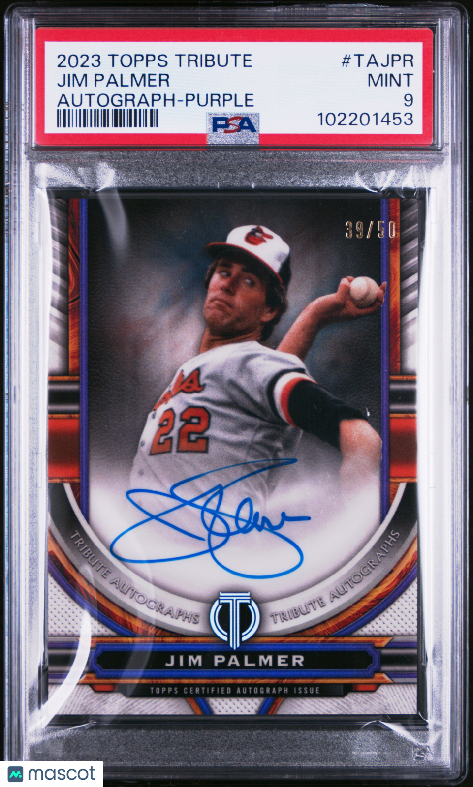 2023 Topps Tribute Tribute Autograph Jim Palmer #TAJPR Purple 39/50 PSA 9