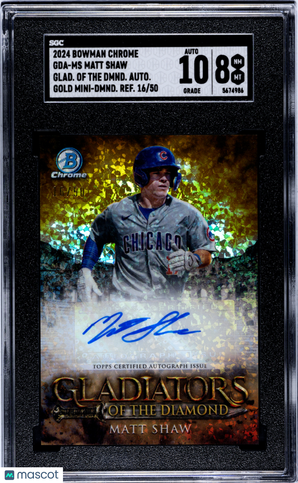 2024 Bowman Chrome Matt Shaw Glad Auto Gold Mini Dmnd. Refractor SGC Auto 10