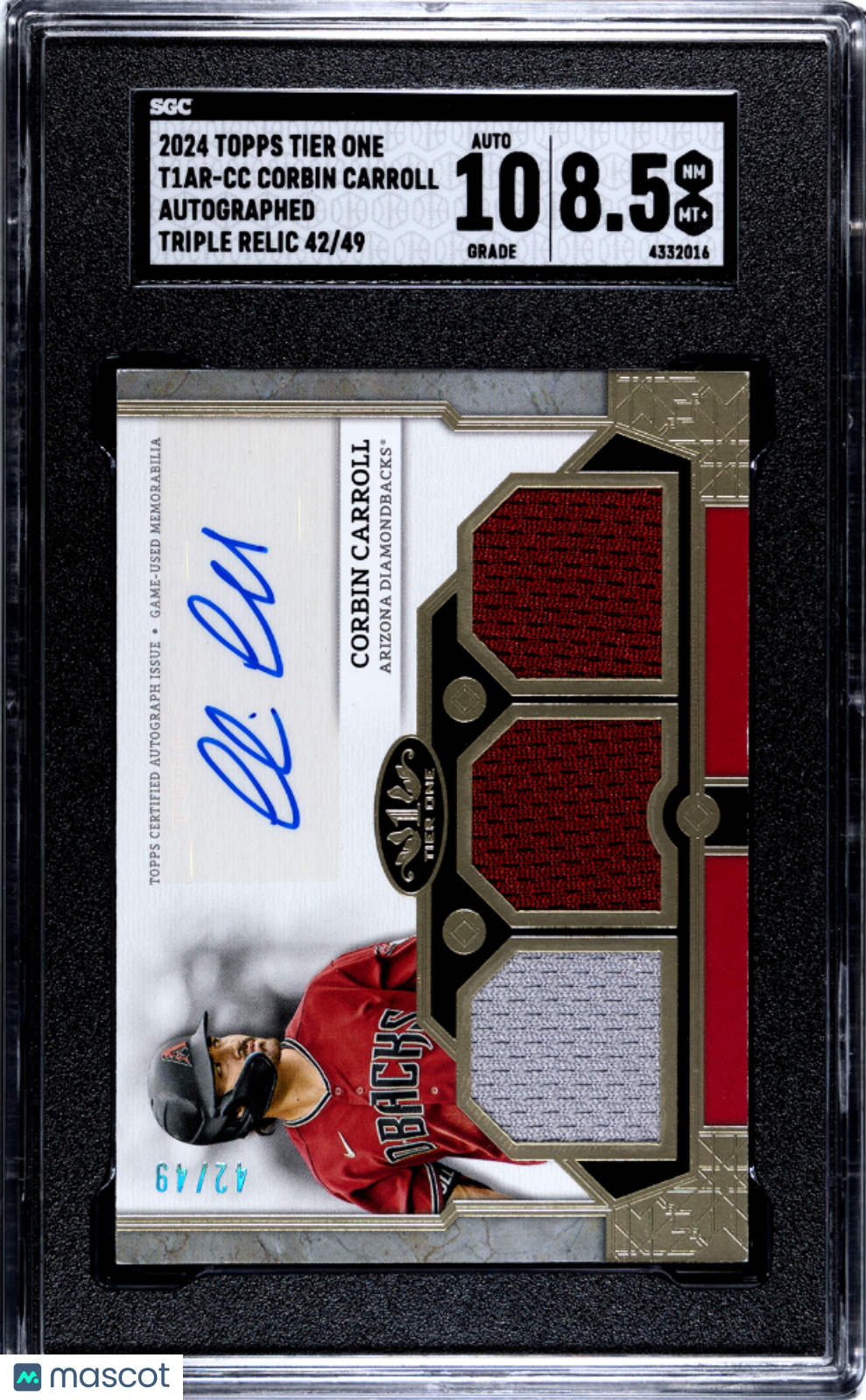 2024 Topps Tier One Corbin Carroll #T1AR-CC Auto Triple Relic SGC Auto 10