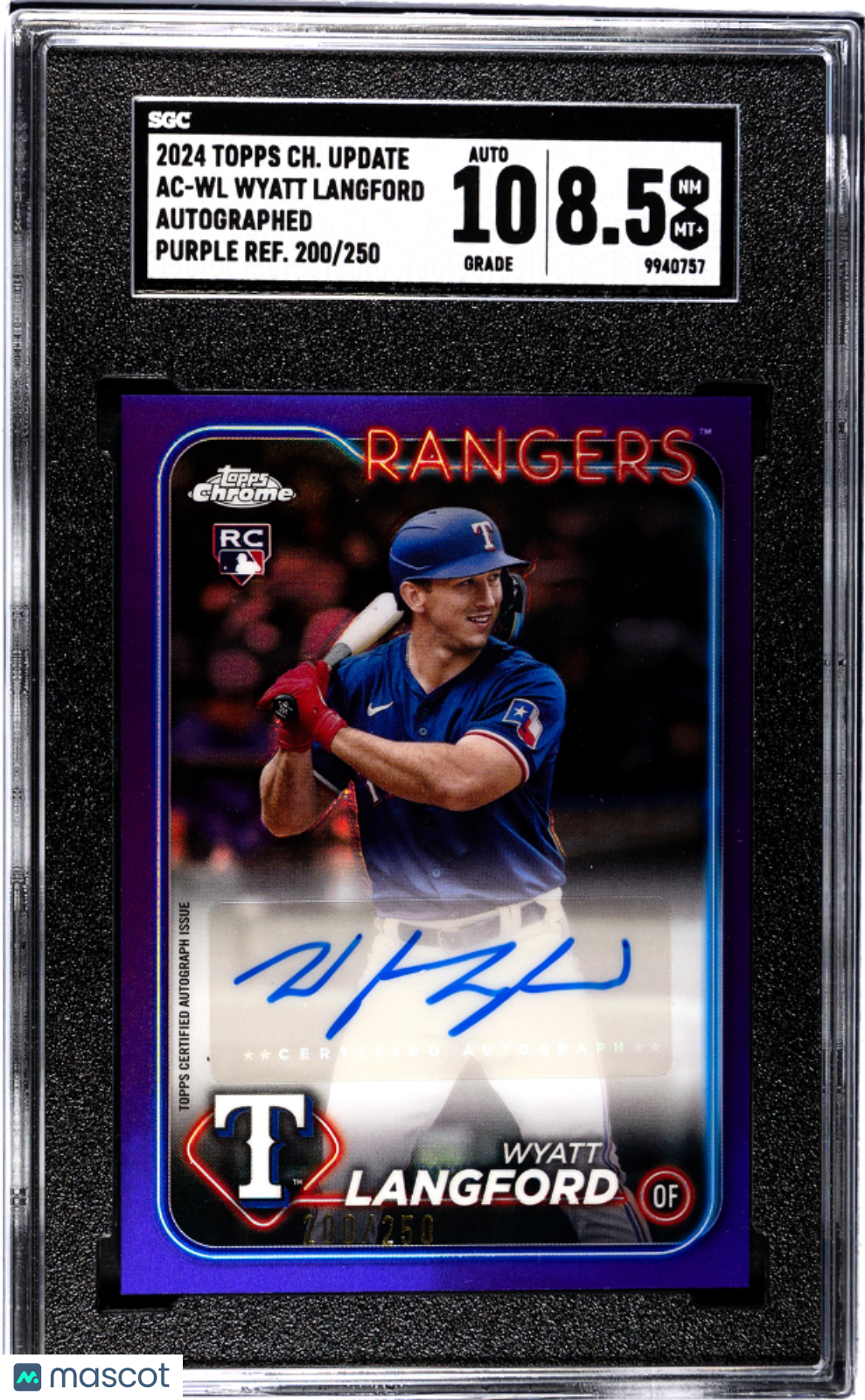 2024 Topps Chrome Update Wyatt Langford #AC-WL Auto Purple Ref SGC 8.5 Auto 10