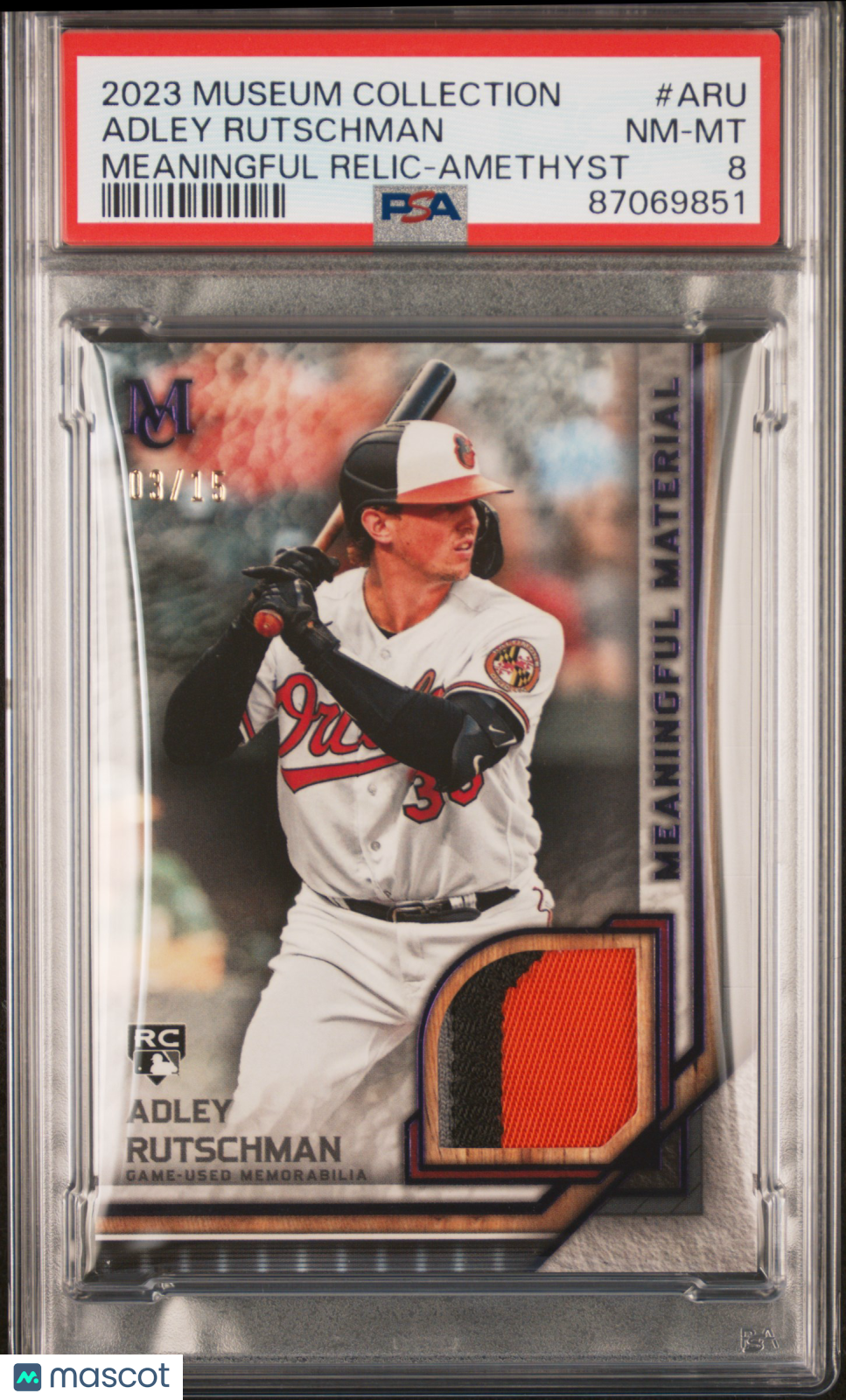 2023 Topps Museum Collection Materials Relics Adley Rutschman #ARU /15 PSA 8