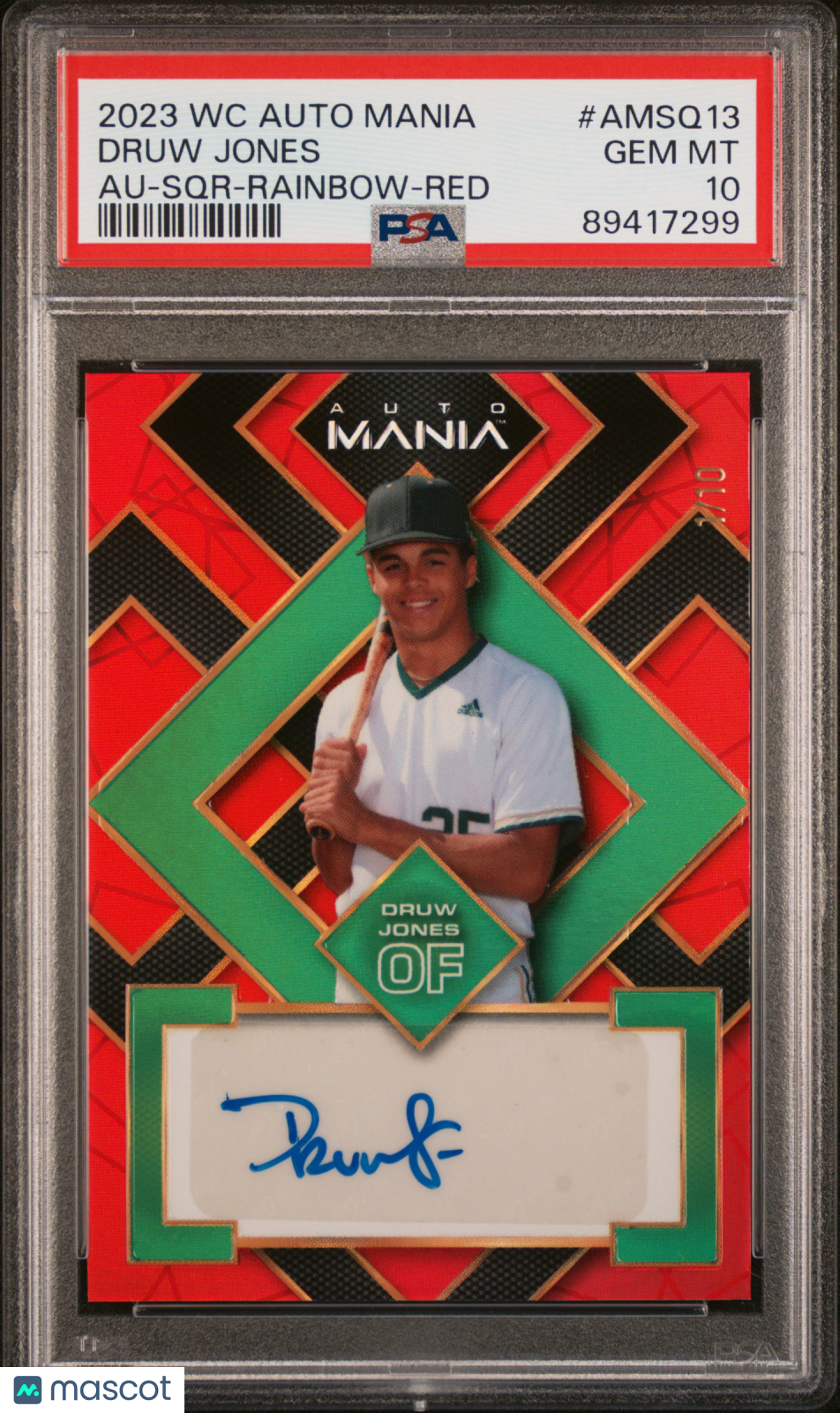 2023 Wild Card Auto Mania Auto Druw Jones #AMSQ13 SQR Red 1/10 PSA 10