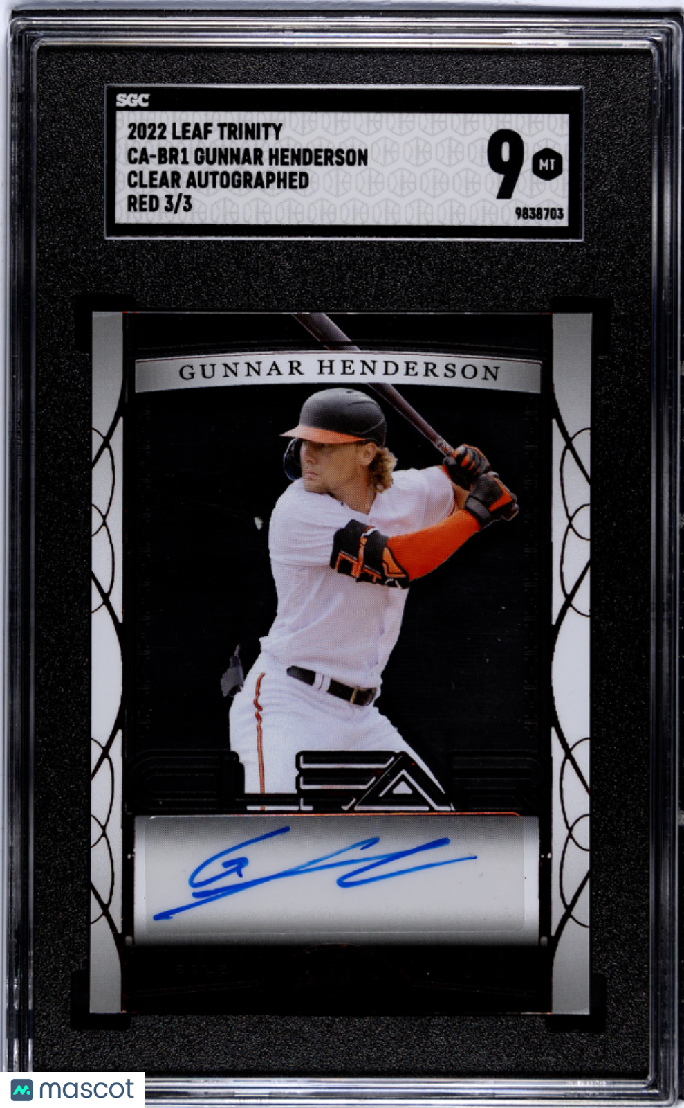 2022 Leaf Trinity Gunnar Henderson #CA-BR1 Clear Autograph Red SGC 9