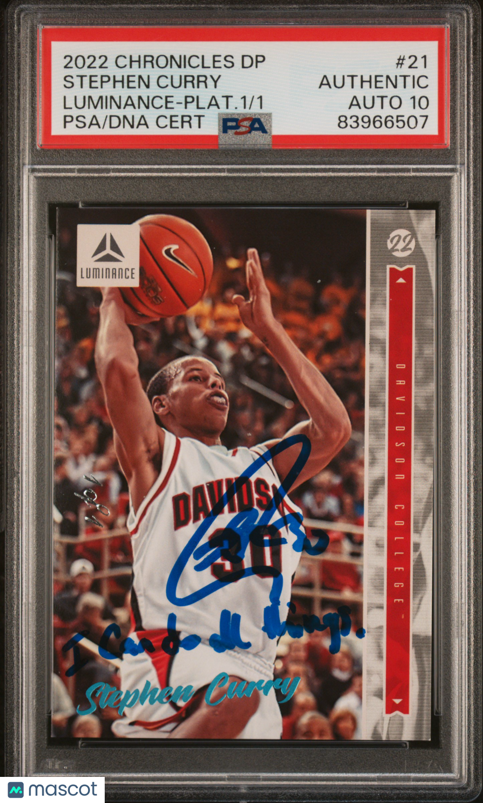 2022 Panini Chronicles Draft Picks Stephen Curry #21 Plat. 1/1 PSA A Auto 10