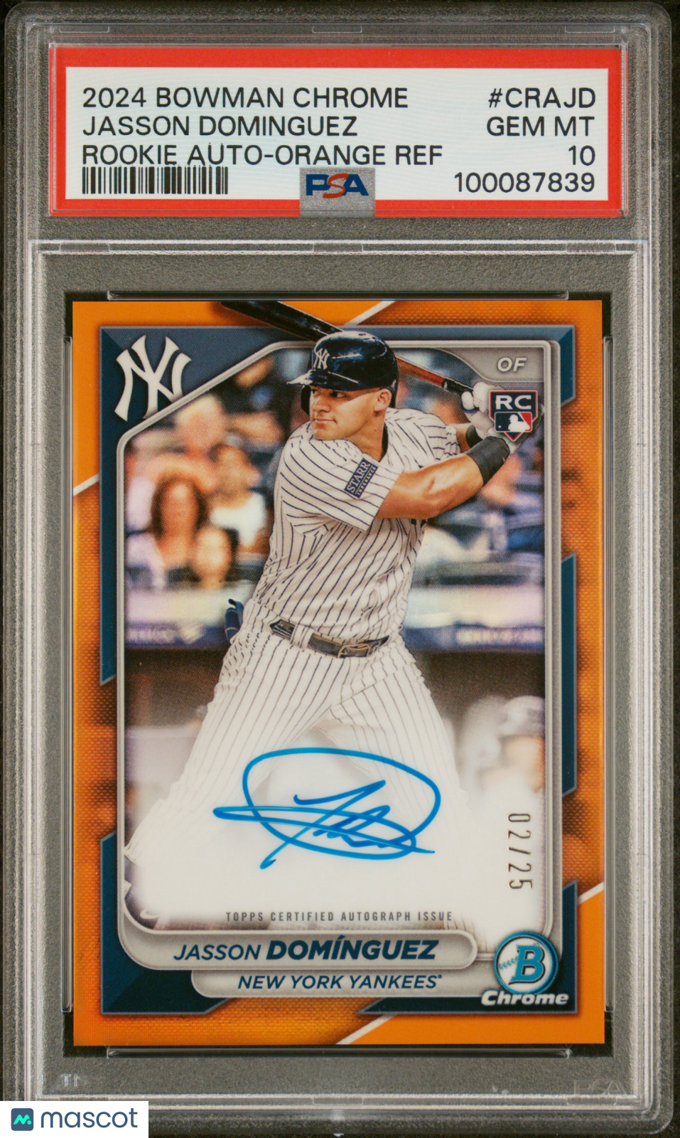 2024 Bowman Chrome Rookie AutoJasson Dominguez #CRAJD Orange Ref 02/25 PSA 10