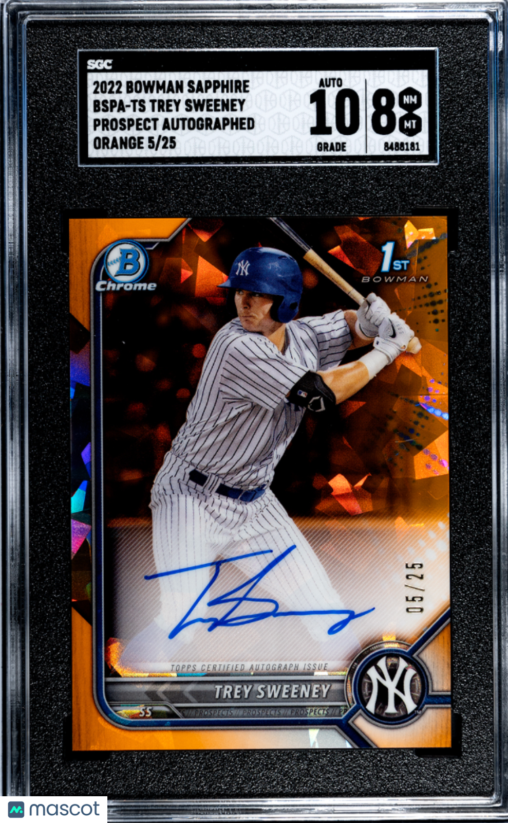2022 Bowman Sapphire Trey Sweeney #BSPA-TS  Orange Refractor SGC Auto 10