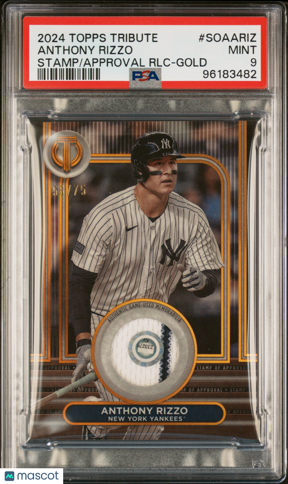 2024 Topps Tribute Stamp Of Relics Anthony Rizzo #SOAARIZ RLC Gold 56/75 PSA 9
