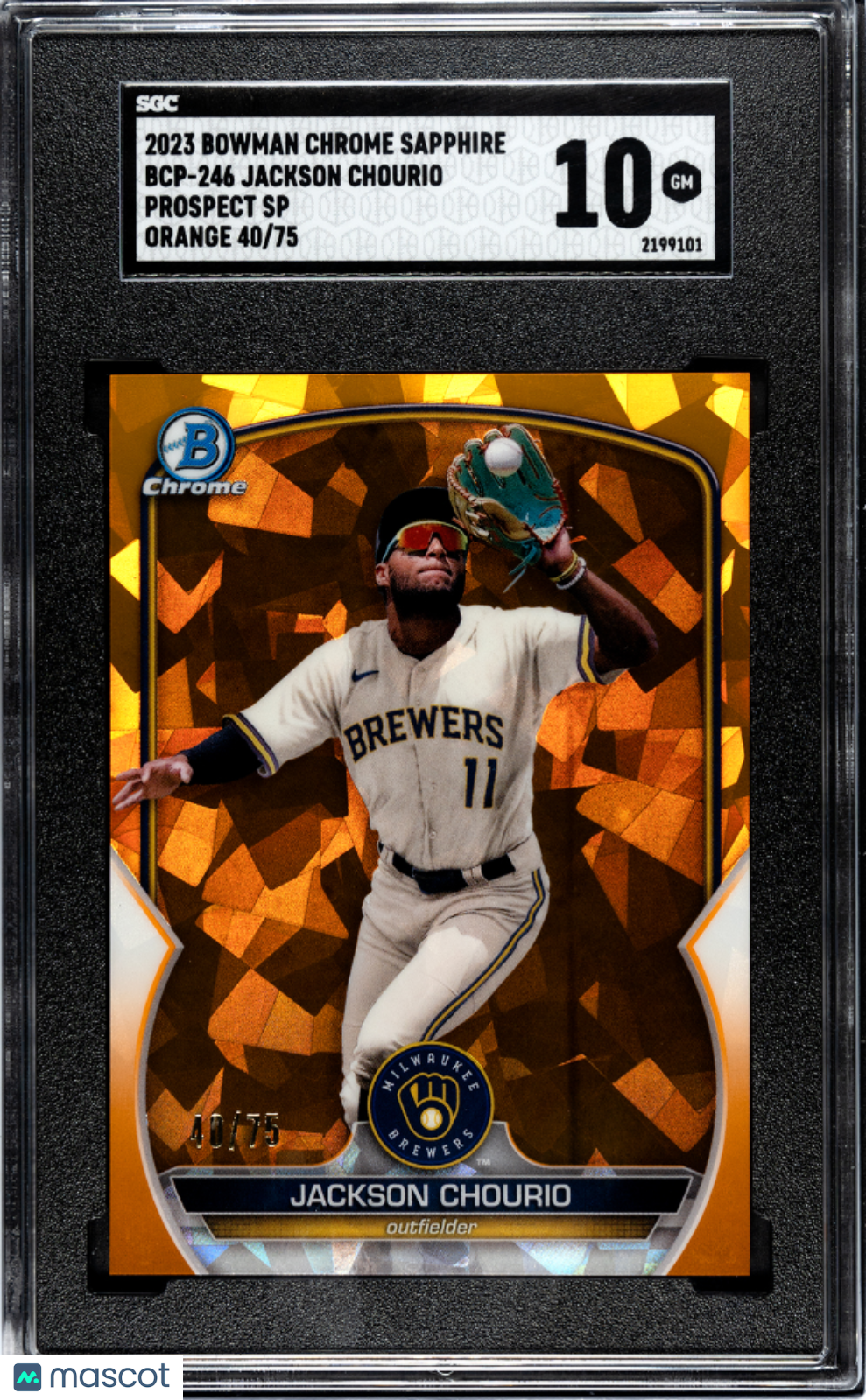 2023 Bowman Sapphire Jackson Chourio #BCP-246 CHR. Pros. Var. Orange SGC 10