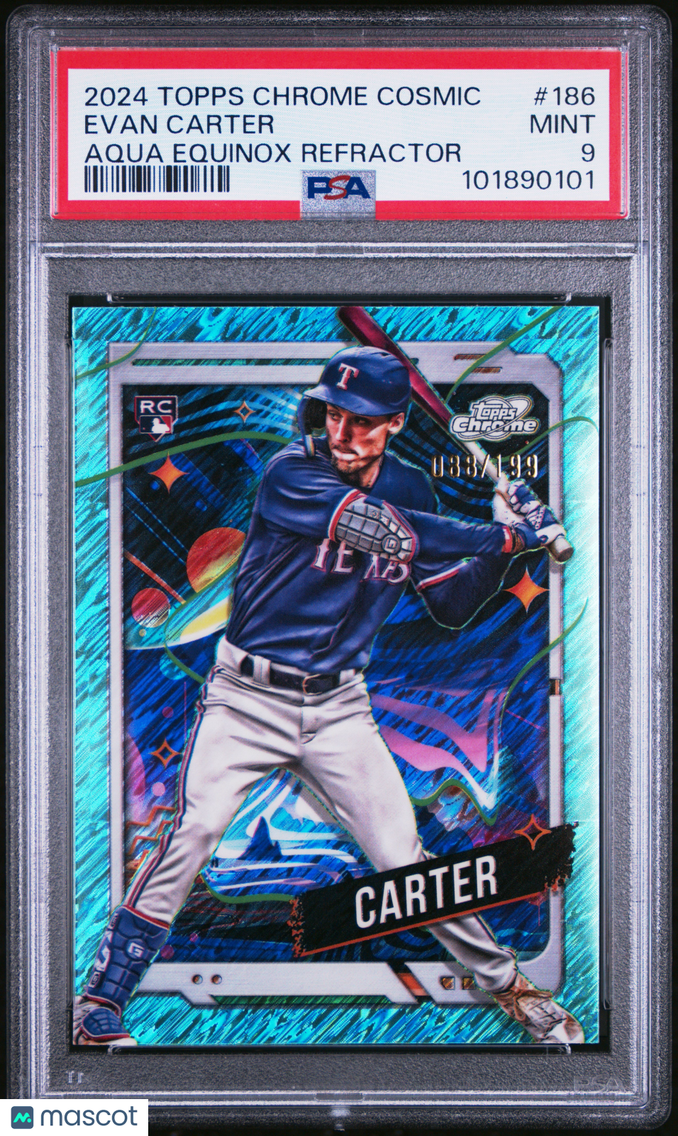 2024 Topps Chrome Cosmic Evan Carter #186 Aqua Equinox Refractor 088/199 PSA 9