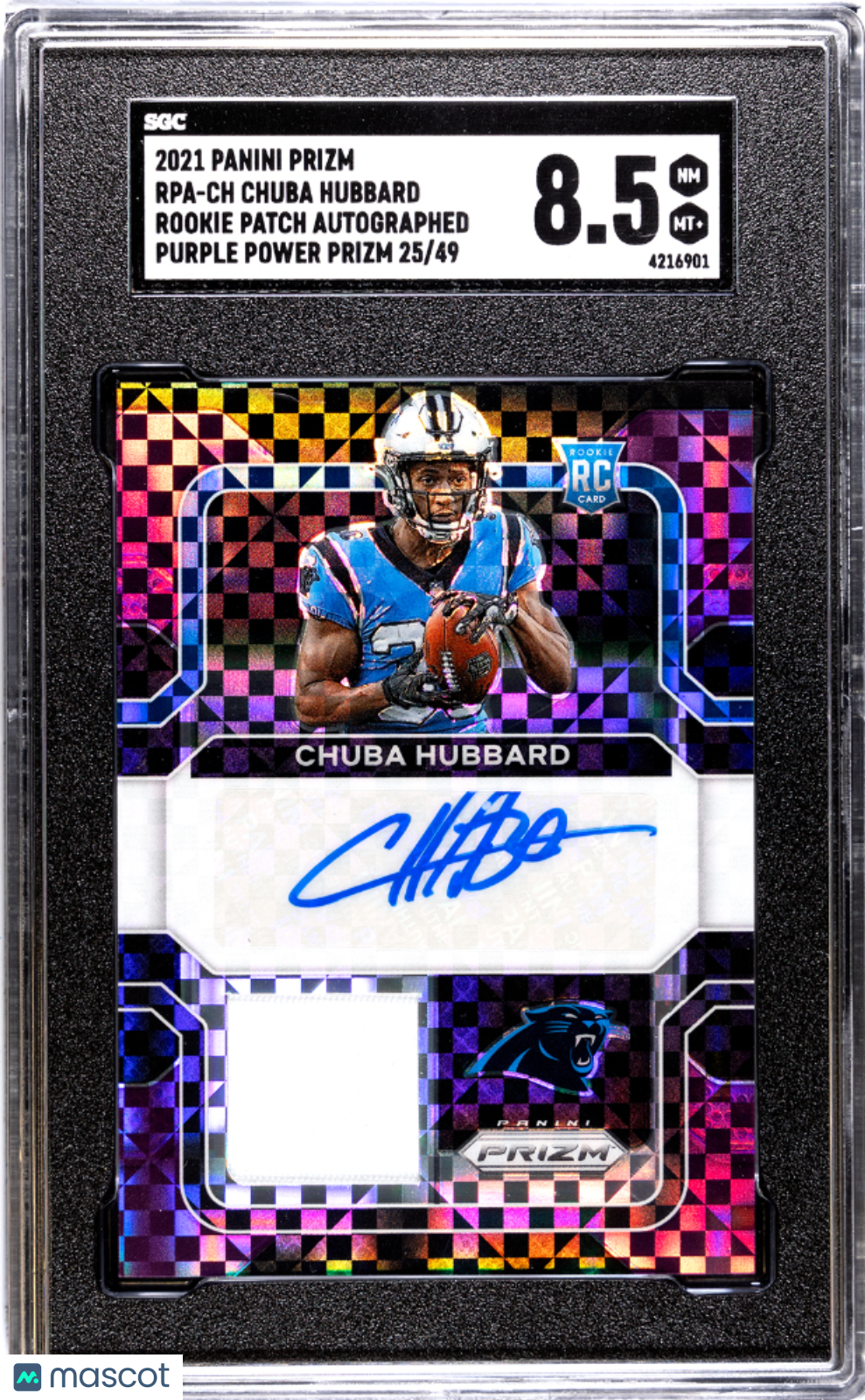 2021 Panini Prizm Chuba Hubbard #RPA-CH Rookie Patch Purple Power SGC 8.5