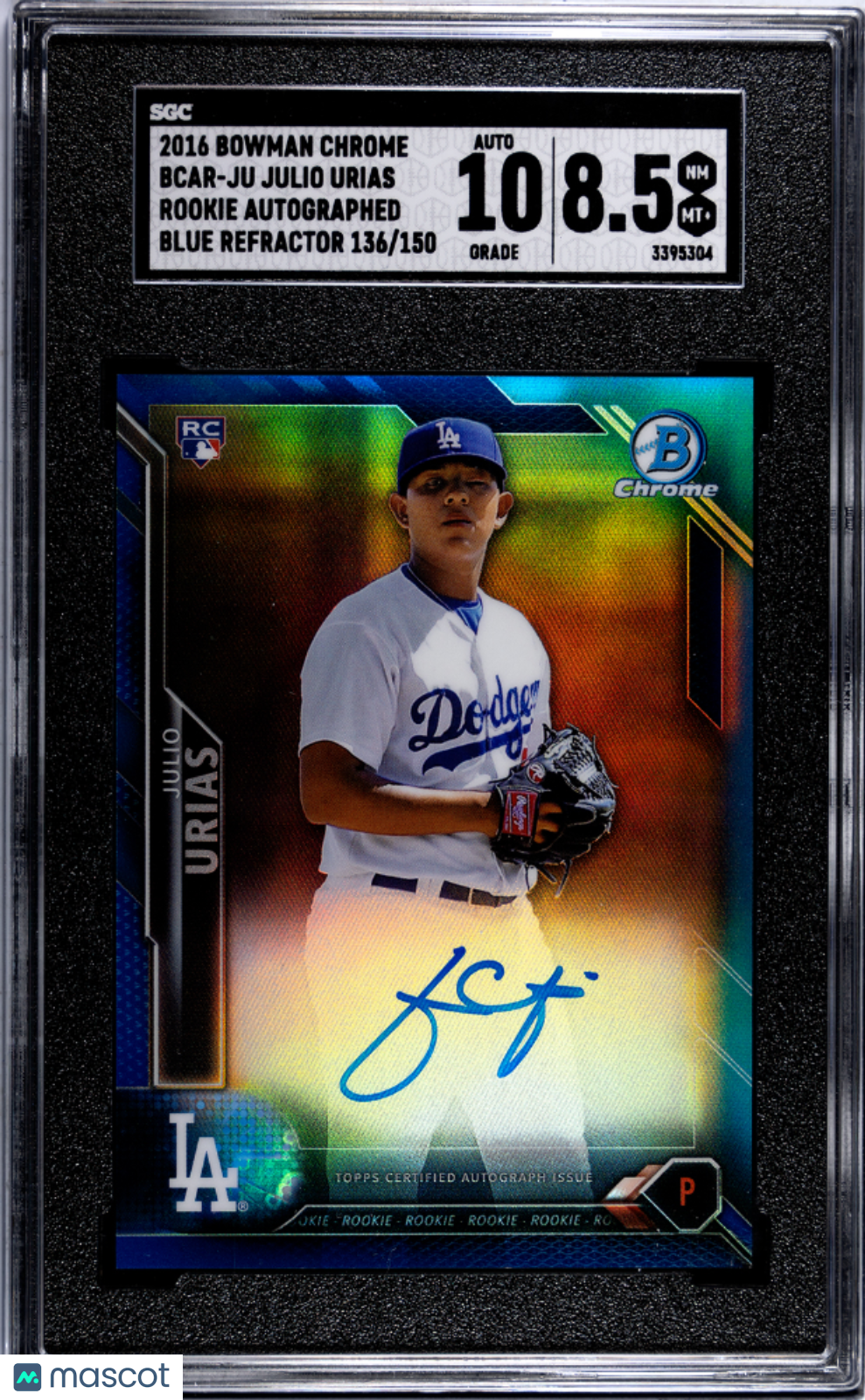 2016 Bowman Julio Urias #BCAR-JU Rookie Auto Blue Refractor SGC 8.5 Auto 10