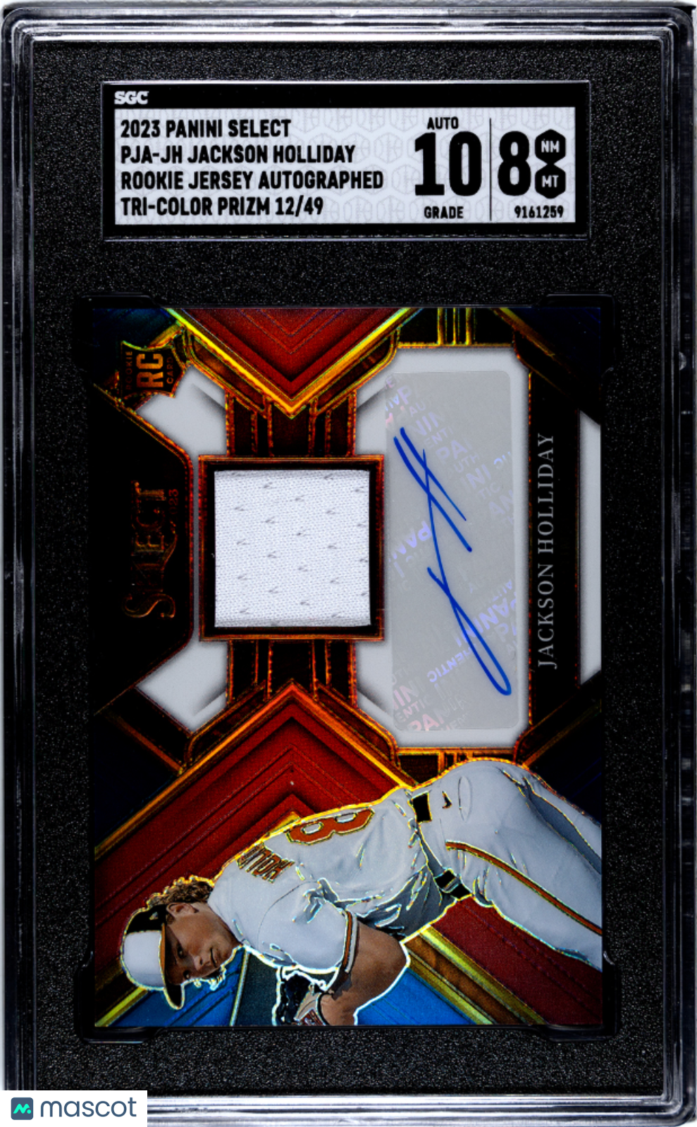 2023 Panini Jackson Holliday #PJA-JH RC Jersey Tri Color Prizm SGC Auto 10 /49