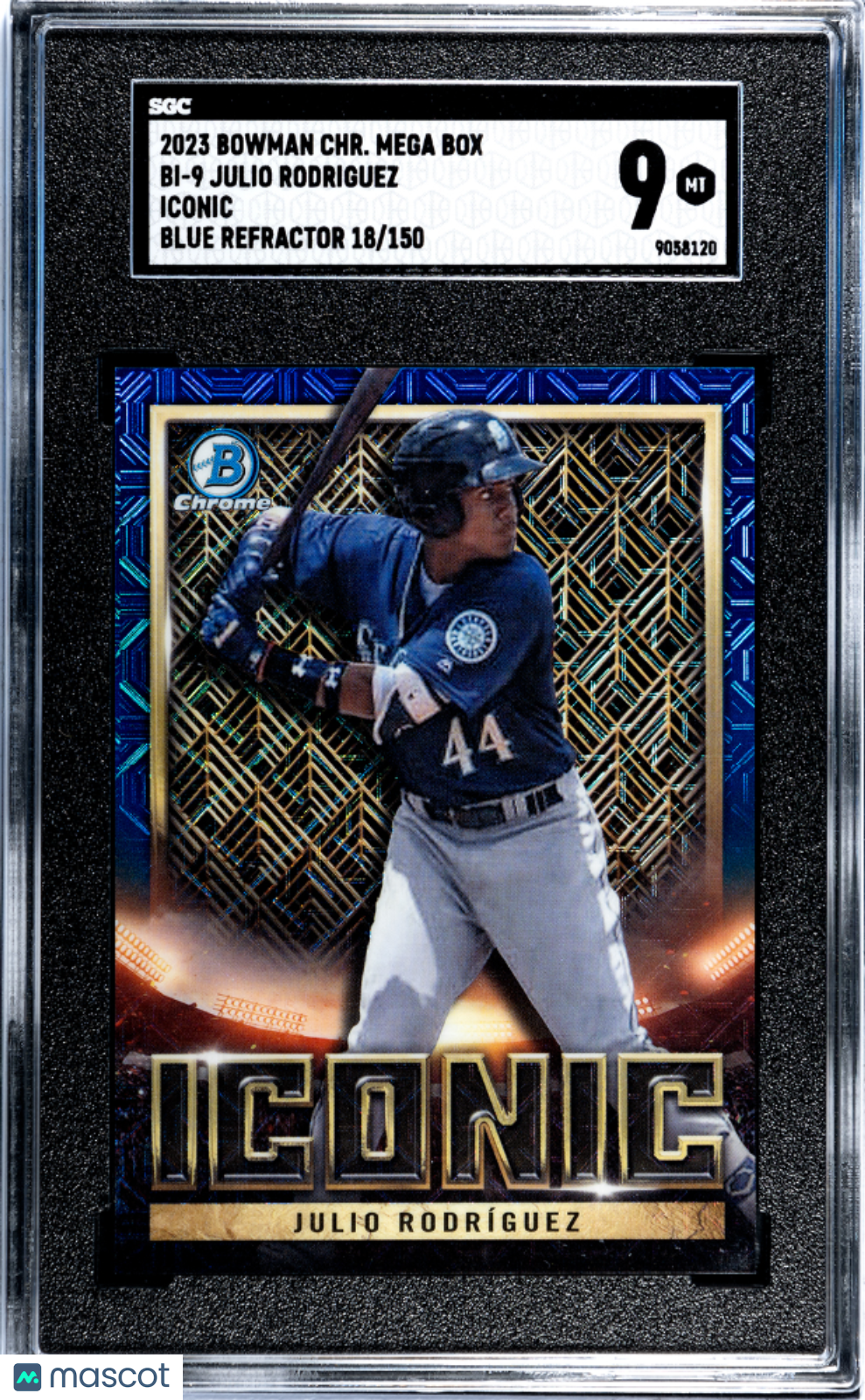 2023 Bowman Chrome Mega Box Julio Rodriguez #BI-9 Iconic, Blue Refractor SGC 9