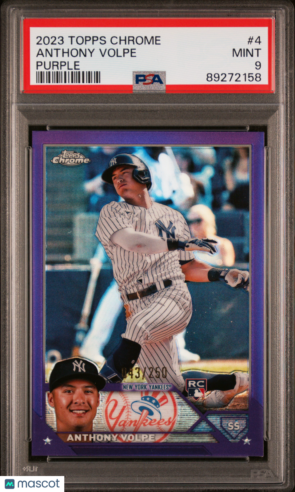 2023 Topps Chrome Anthony Volpe #4 Purple Refractor 043/250 PSA 9