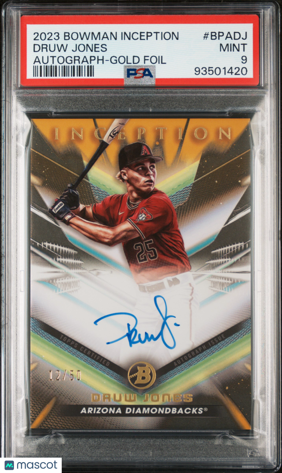 2023 Bowman Inception Autographs Druw Jones #BPADJ Gold Foil 12/50 PSA 9