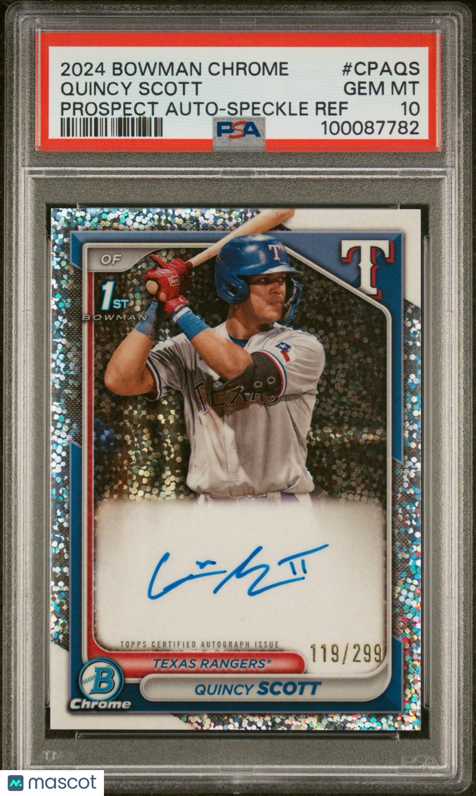 2024 Bowman Chrome Prospect Auto Quincy Scott #CPAQS Speckle Ref /299 PSA 10