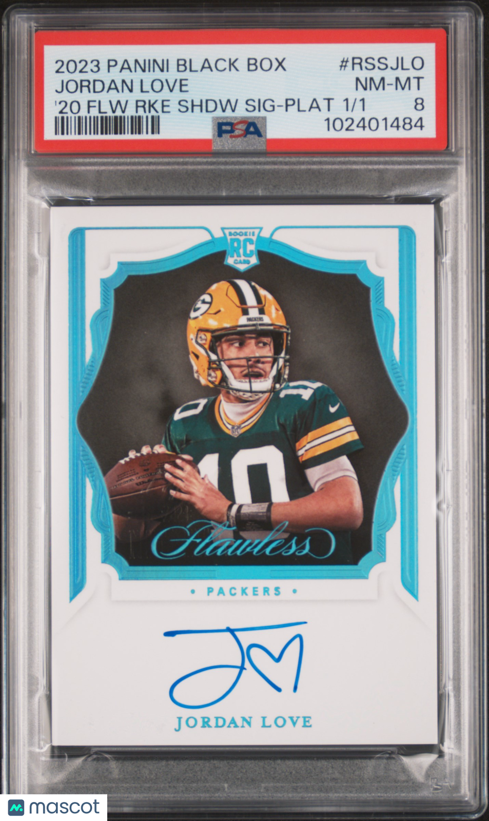 2023 Panini Black Box Jordan Love #RSSJLO '20 FLW RKE Shdw SIG Plat 1/1 PSA 8