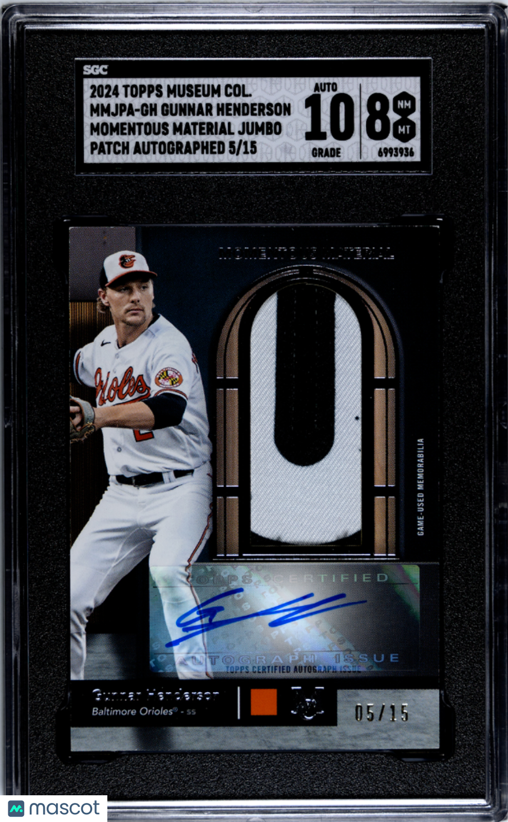 2024 Topps Museum  Gunnar Henderson #MMJPA-GH Jumbo Patch SGC 8 Auto 10