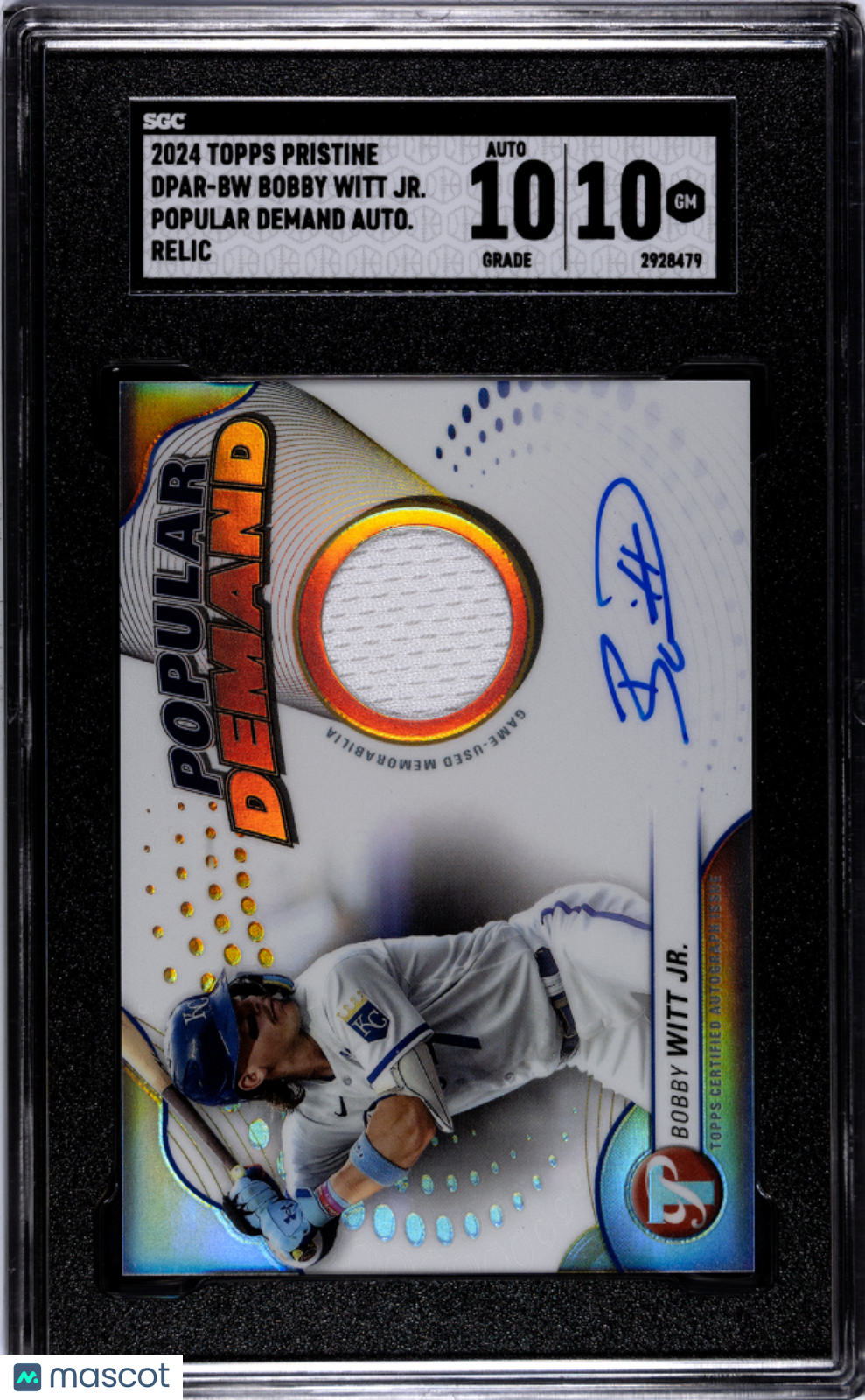 2024 Topps Pristine Bobby Witt JR. #DPAR-BW Popular Auto Relic SGC 10 Auto 10