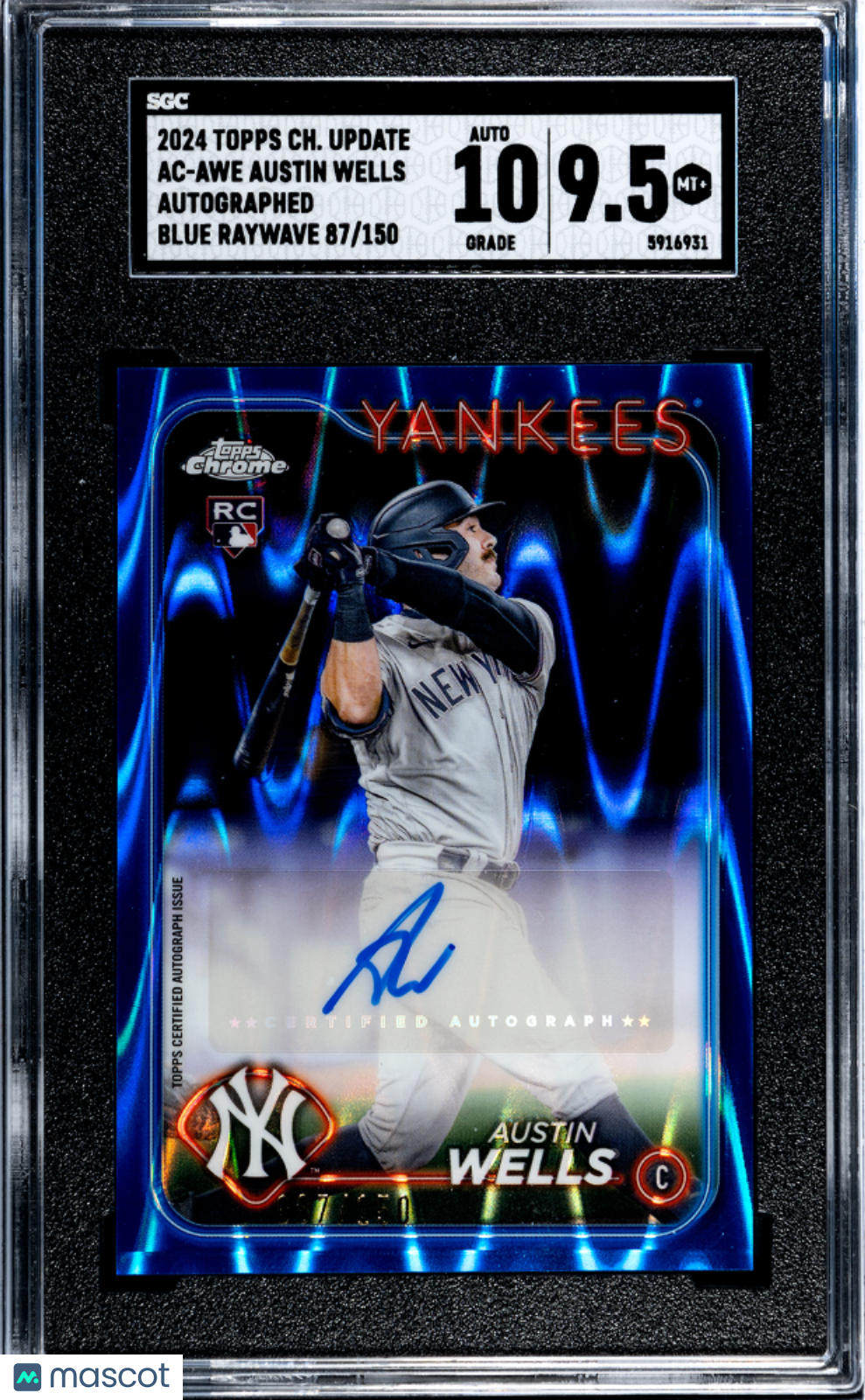 2024 Topps Chrome Austin Wells #AC-AWE Blue Raywave Refractor SGC 9.5 Auto 10