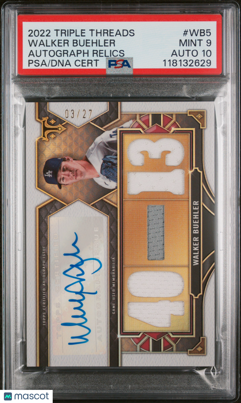 2022 Topps Triple Threads Autograph Relics Walker Buehler #WB5 03/27 PSA 9 Auto 10