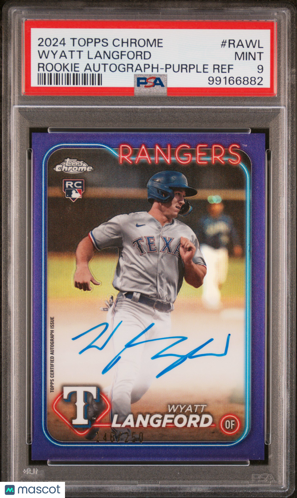 2024 Topps Chrome Rookie Auto Wyatt Langford #RAWL Purple Ref 148/250 PSA 9
