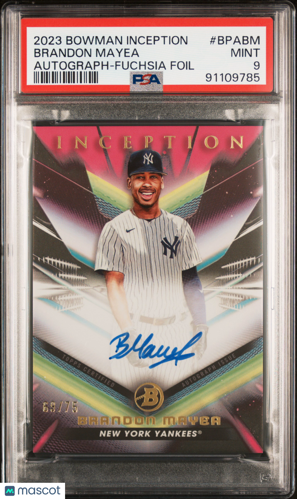 2023 Bowman Inception Autographs Brandon Mayea #BPABM Fuchsia Foil 69/75 PSA 9