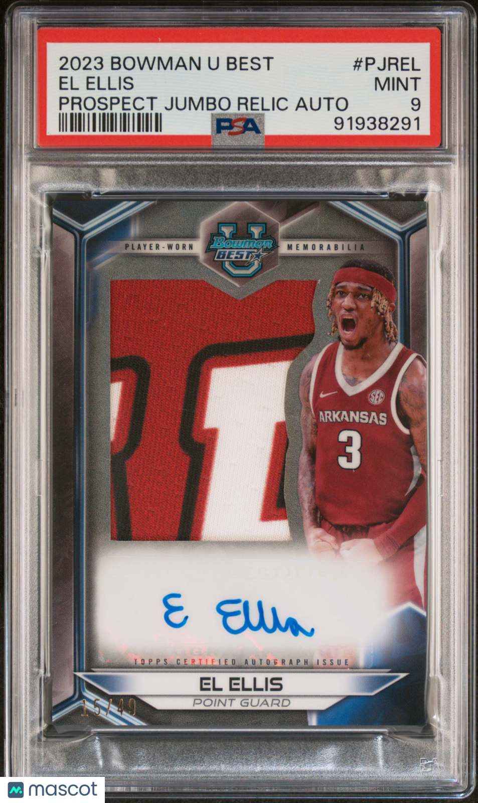 2023 Bowman University  Prospect Jumbo Relic Autog El Ellis #PJREL 15/49 PSA 9