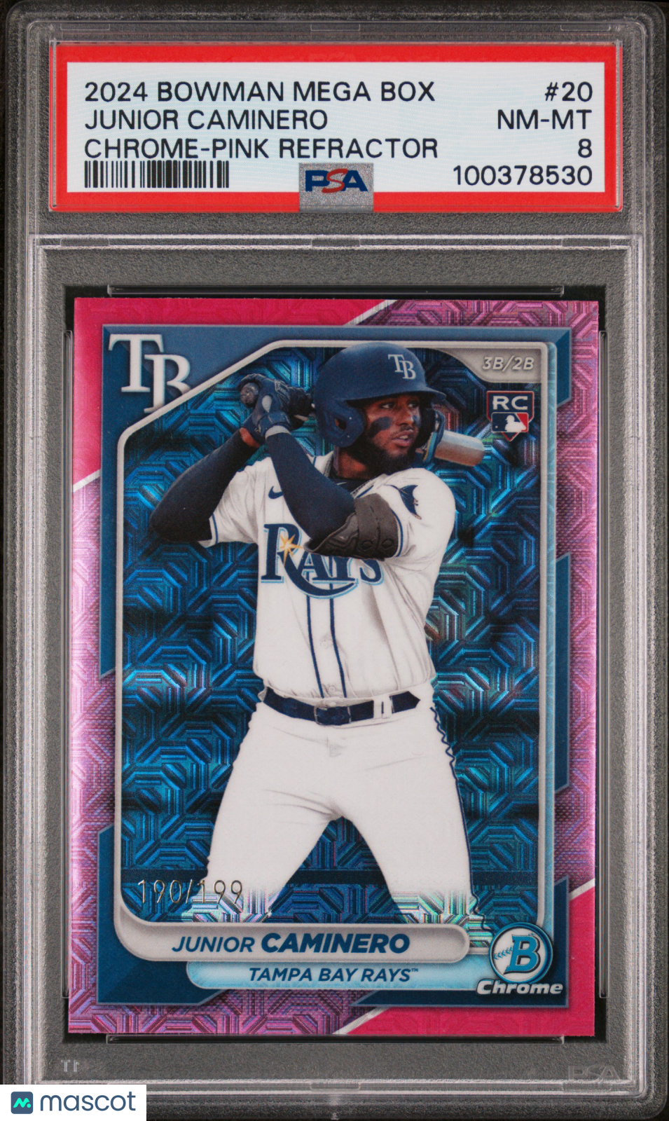 2024 Bowman Mega Box Chrome Junior Caminero #20 Pink Refractor 190/199 PSA 8