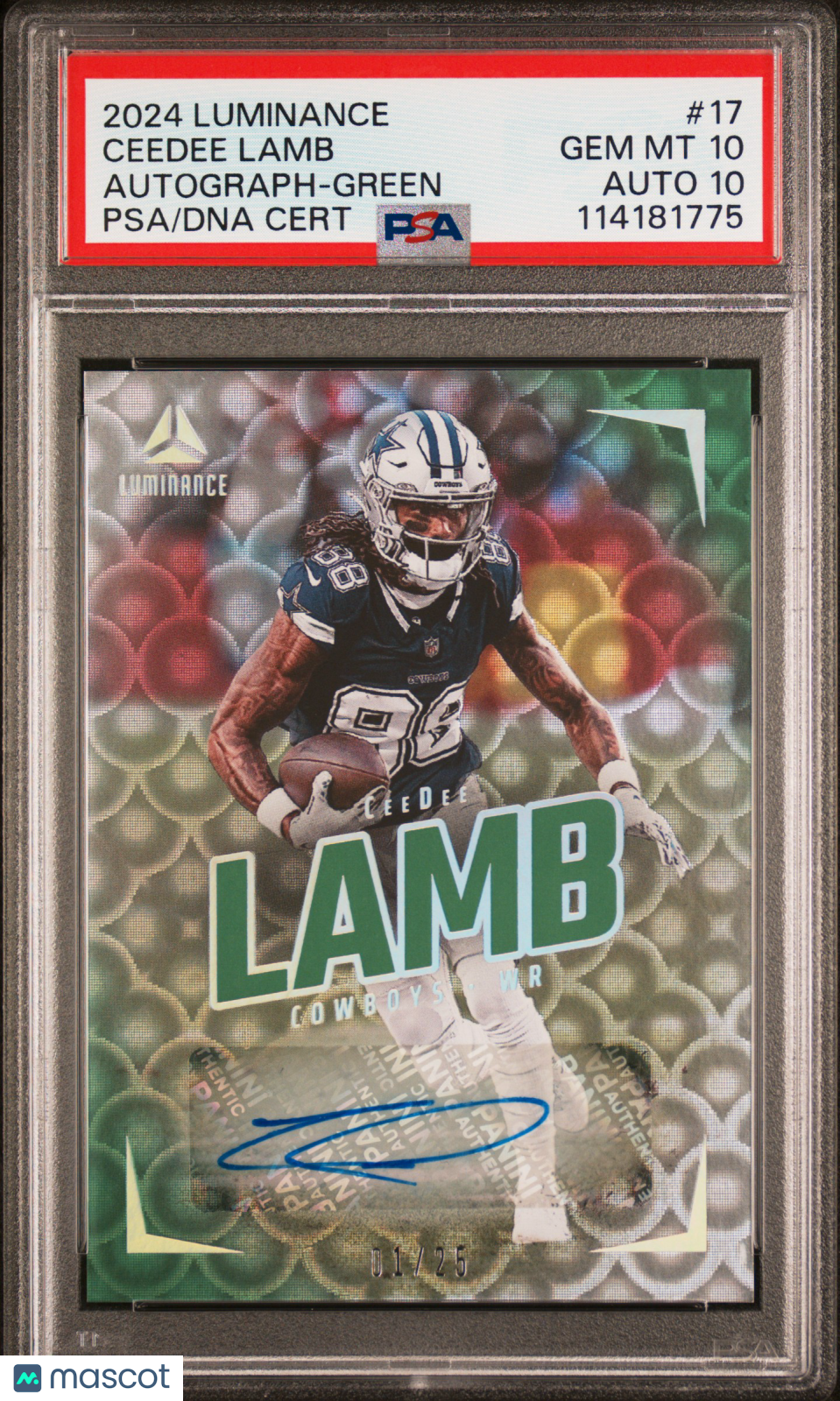 2024 Panini Luminance Ceedee Lamb #17 Autograph Green 01/25 PSA 10