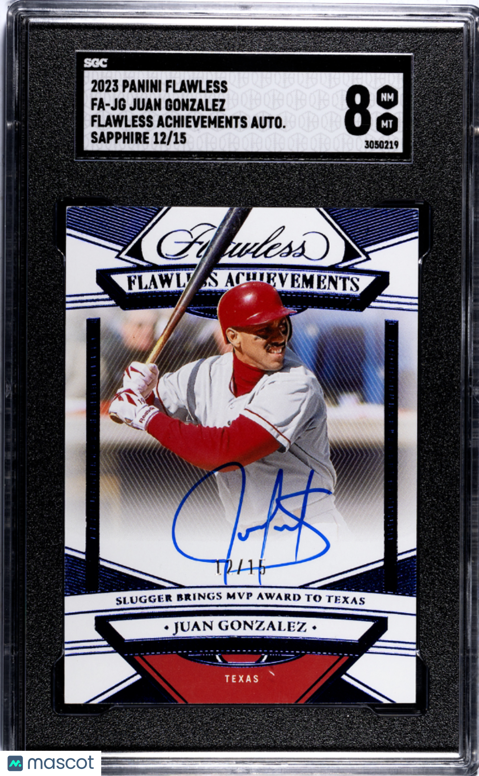 2023 Panini Flawless Juan Gonzalez #FA-JG Achievements Autograph Sapphire SGC 8