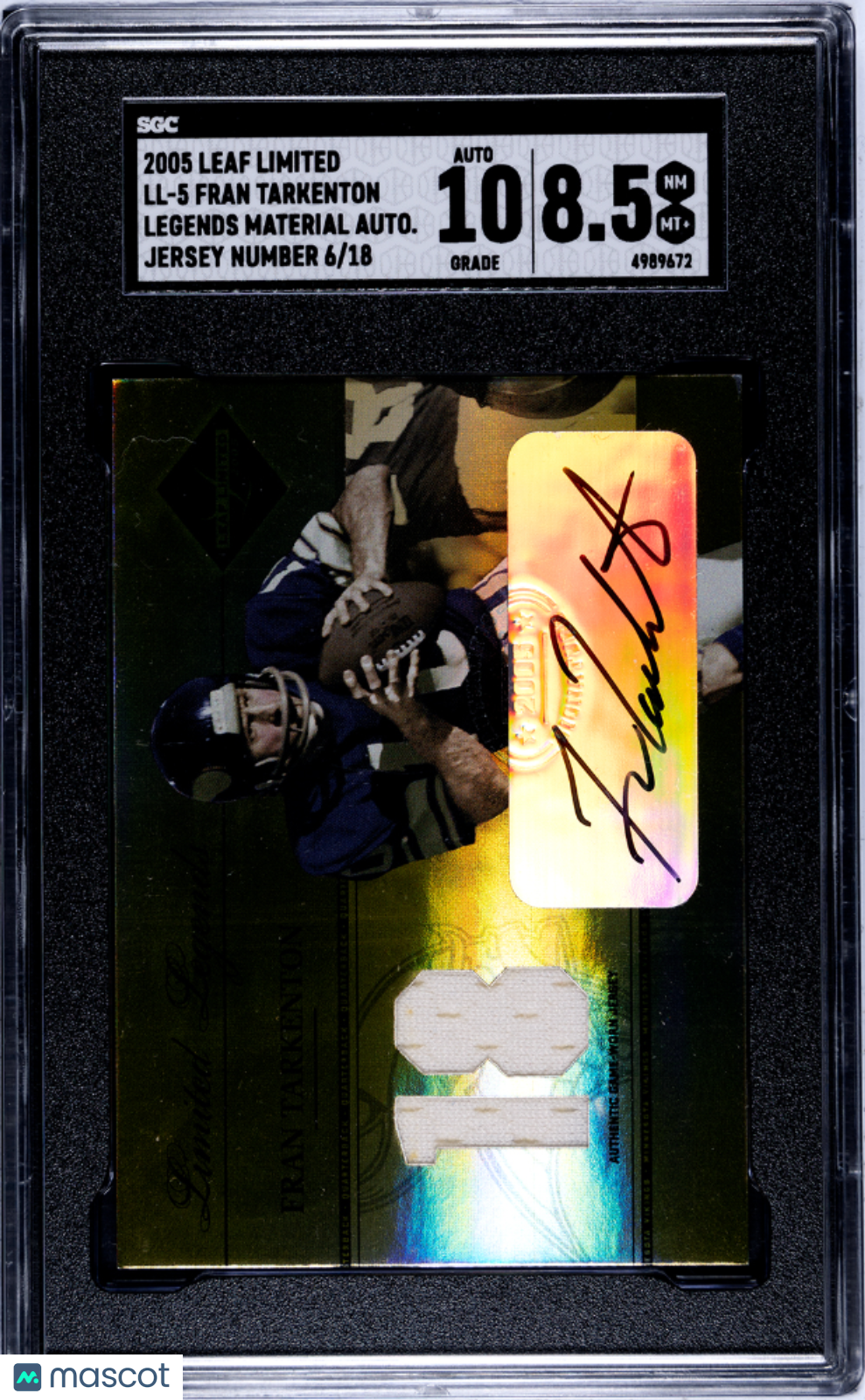 2005 Leaf Fran Tarkenton #LL-5 Legends Mat. Auto Jersey Number SGC Auto 10