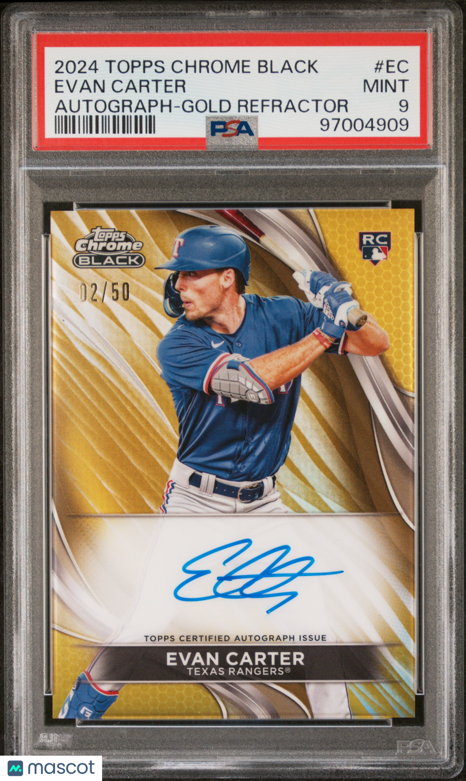 2024 Topps Chrome Black Autographs Evan Carter #EC Gold Refractor 02/50 PSA 9