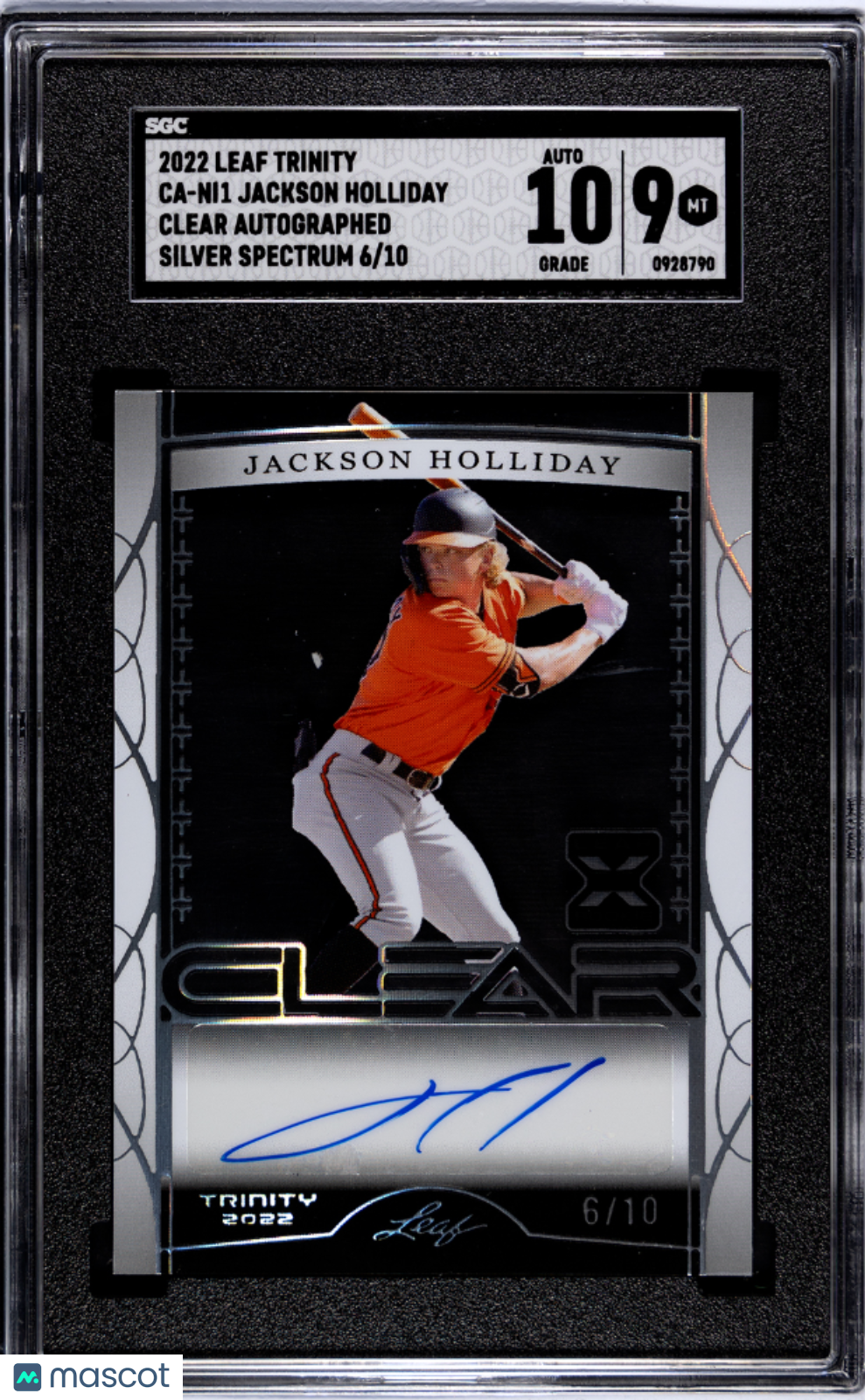 2022 Leaf Trinity Jackson Holliday #CA-NI1 Clear Silver  SGC 9 Auto 10  #/10