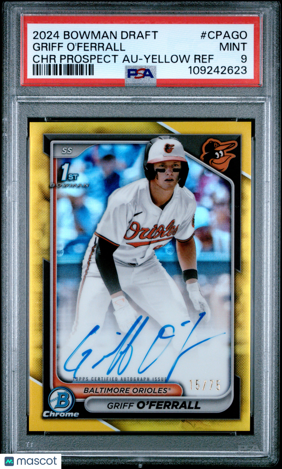 2024 Bowman Draft Chrome Prospect Autog Griff O'ferrall #CPAGO Yellow /75 PSA 9
