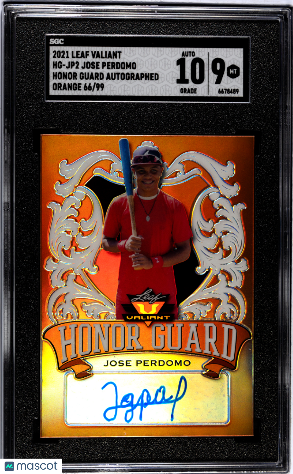2021 Leaf Valiant Jose Perdomo #HG-JP2 Honor Guard Orange SGC 9 Auto 10