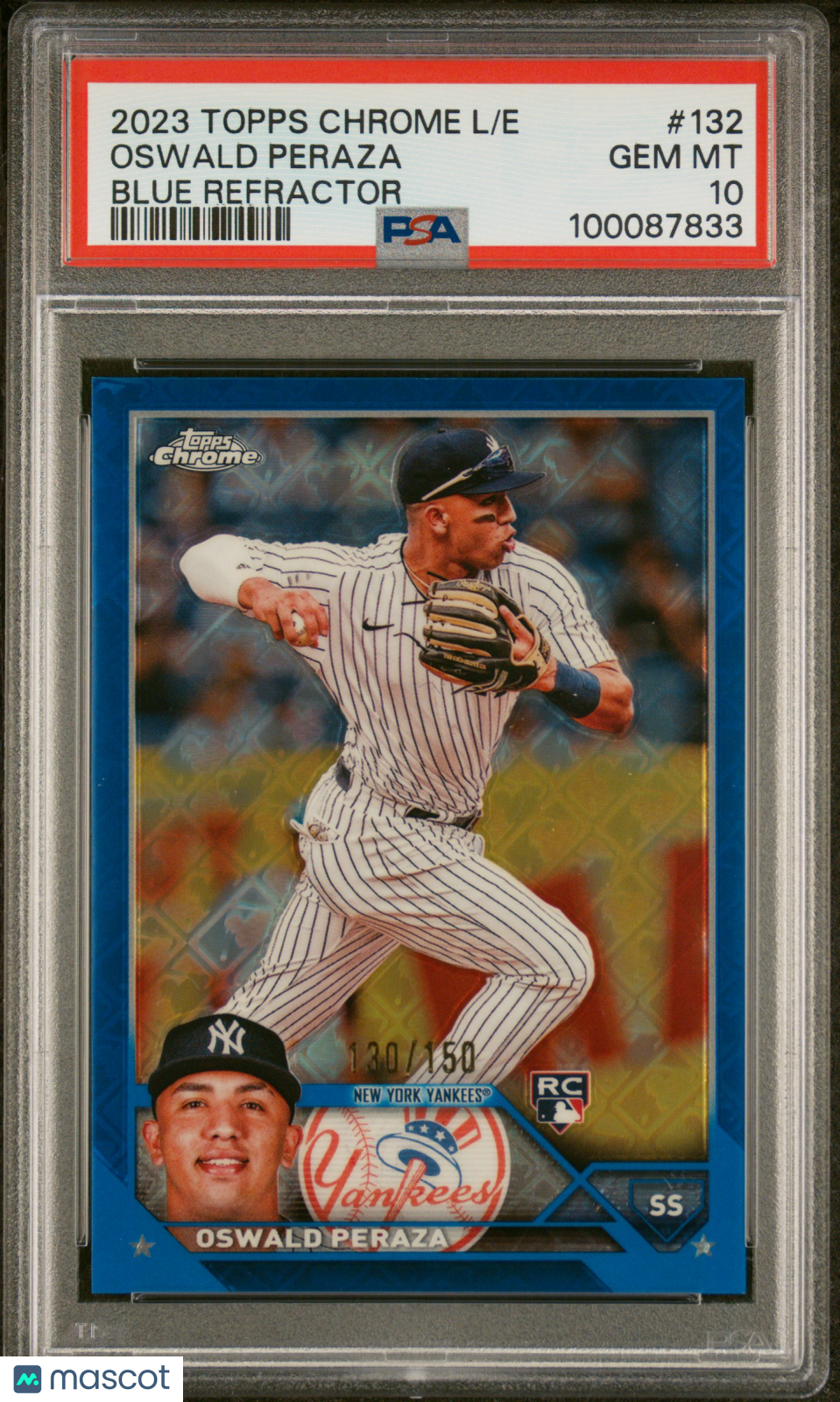 2023 Topps Chrome Logofractor Edition Oswald Peraza #132 Blue Ref /150 PSA 10