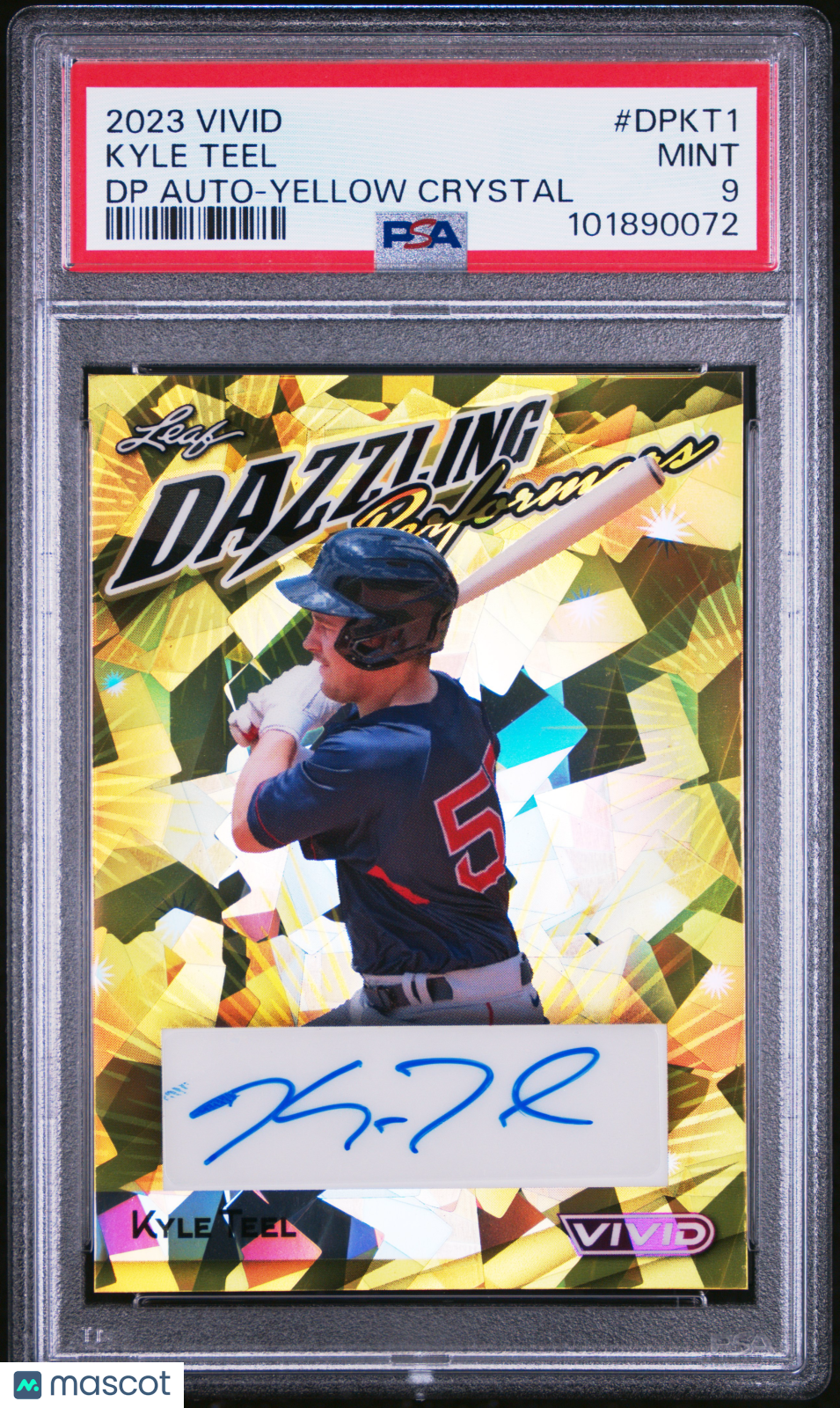 2023 Leaf Vivid  Performers Auto Kyle Teel #DPKT1 DP Yellow Crystal PSA 9