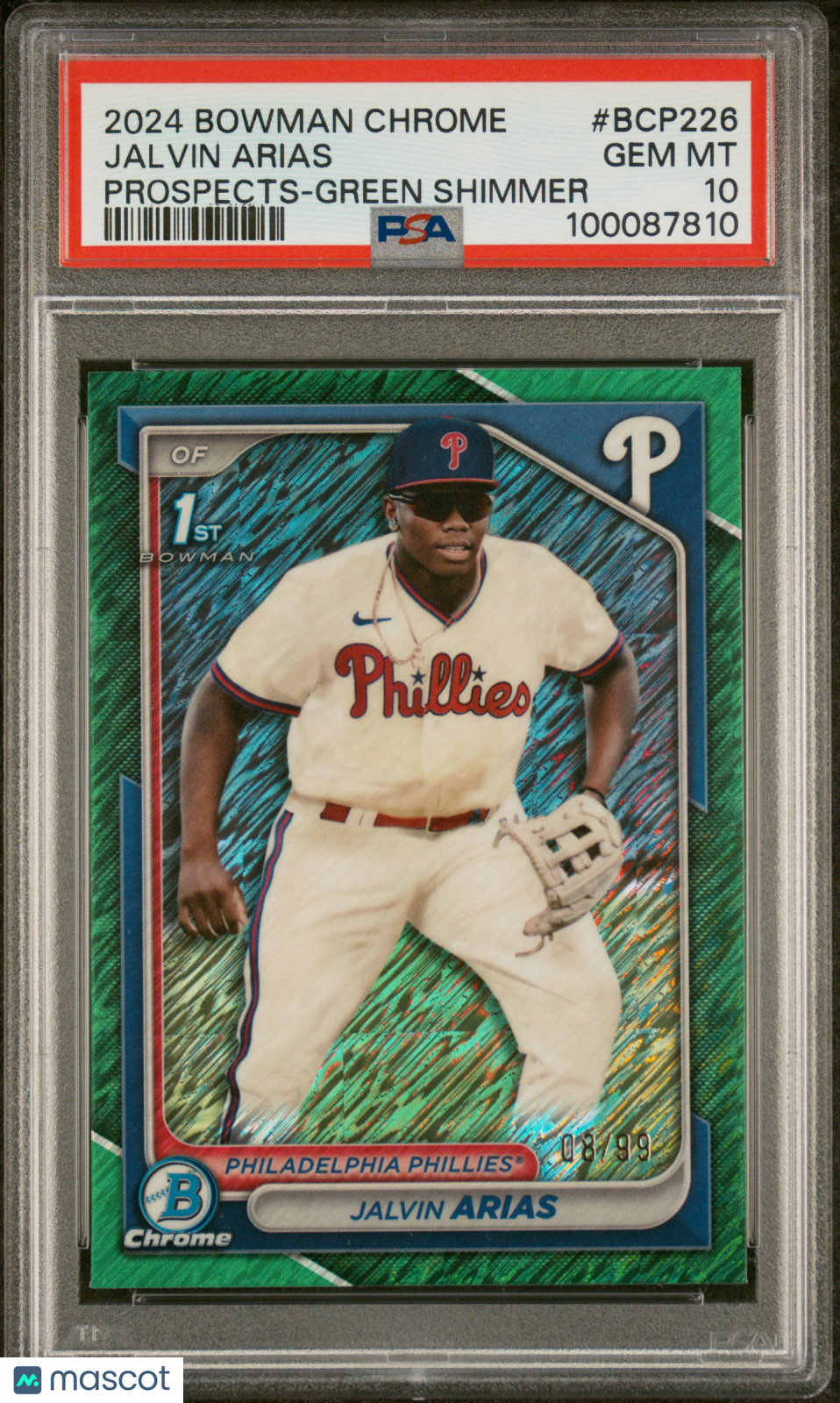 2024 Bowman Chrome Prospects Jalvin Arias #BCP226 Green Shimmer 08/99 PSA 10