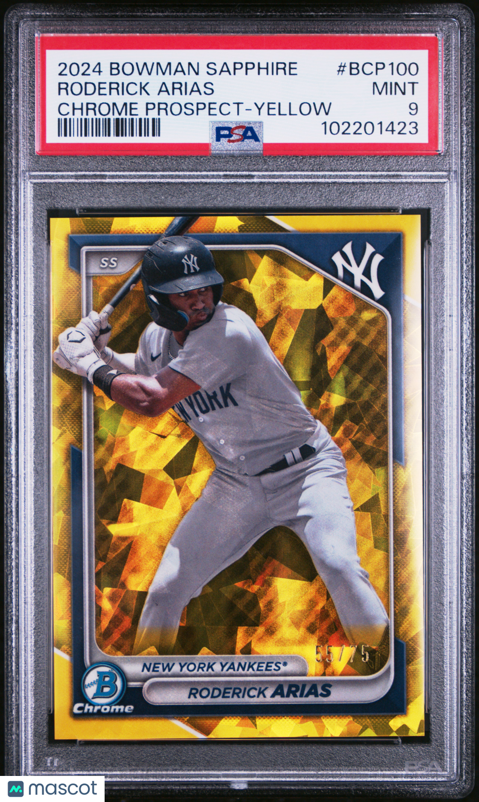 2024 Bowman Sapphire Chrome Prospects Roderick Arias #BCP100 Yellow/75 PSA 9