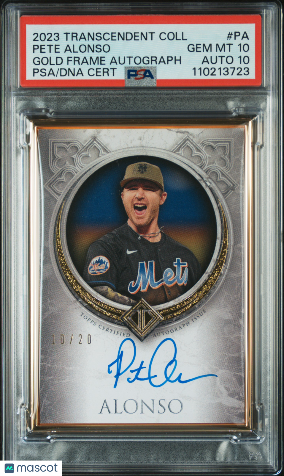 2023 Topps Transcendent Collection Gold Frame Pete Alonso #PA /20 PSA 10 Auto 10