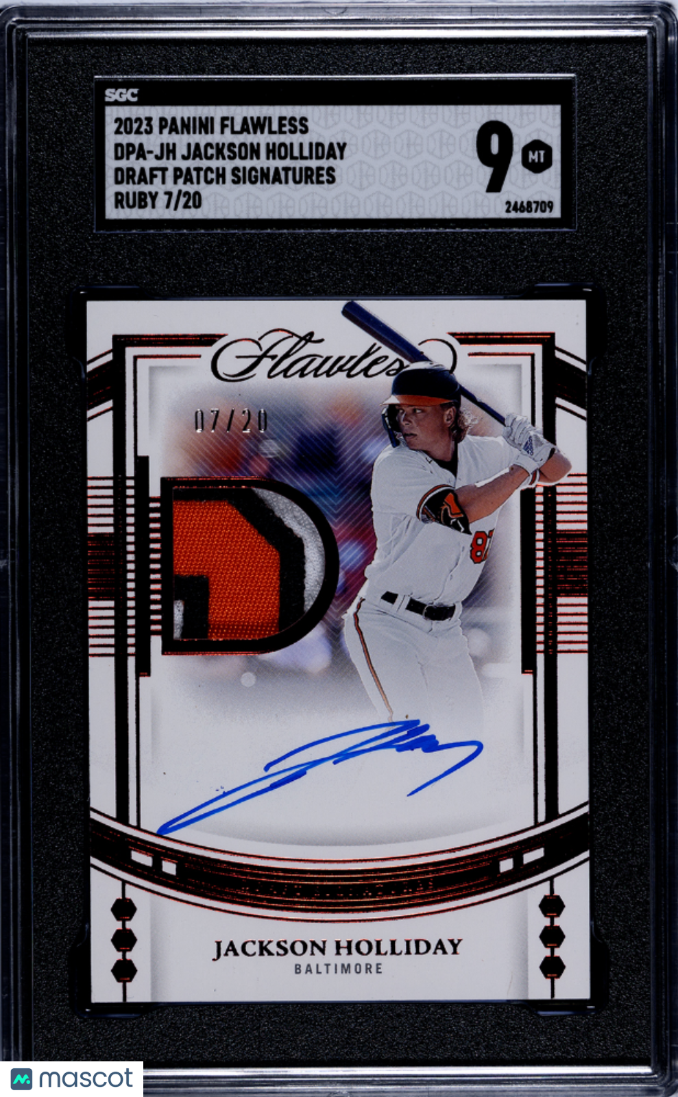 2023 Panini Flawless Jackson Holliday #DPA-JH Draft Patch Sigs. Ruby SGC 9