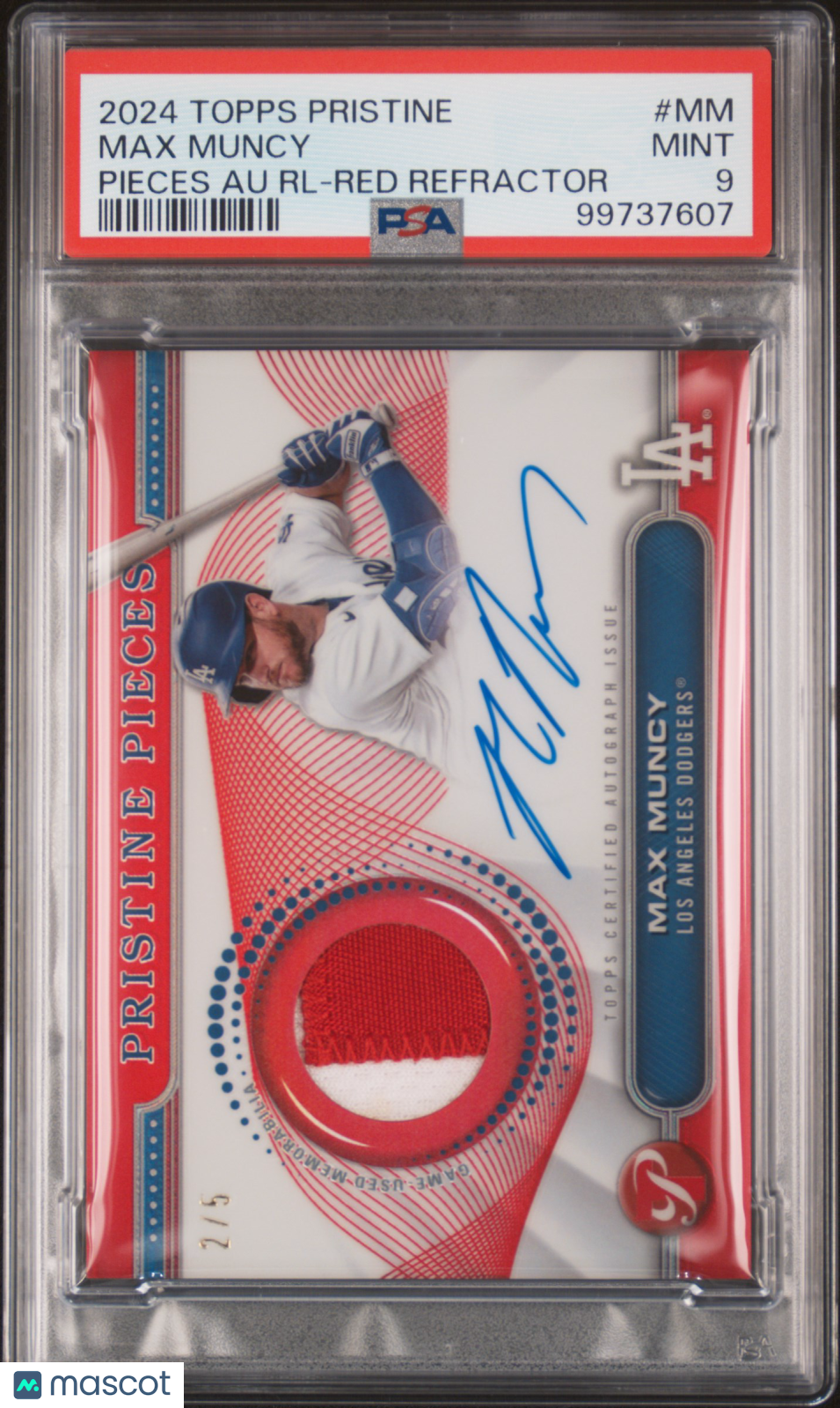 2024 Topps Pristine Pieces Auto Relics Max Muncy #MM RL Red Refractor 2/5 PSA 9